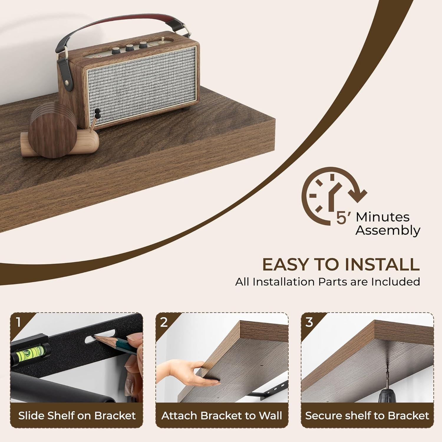 Thumbnail 4 de RICHFOCUS 36-Inch Floating Shelves (Walnut) – 2-Pack, Wall-Mounted Rustic Wood Shelves with Invisible Brackets