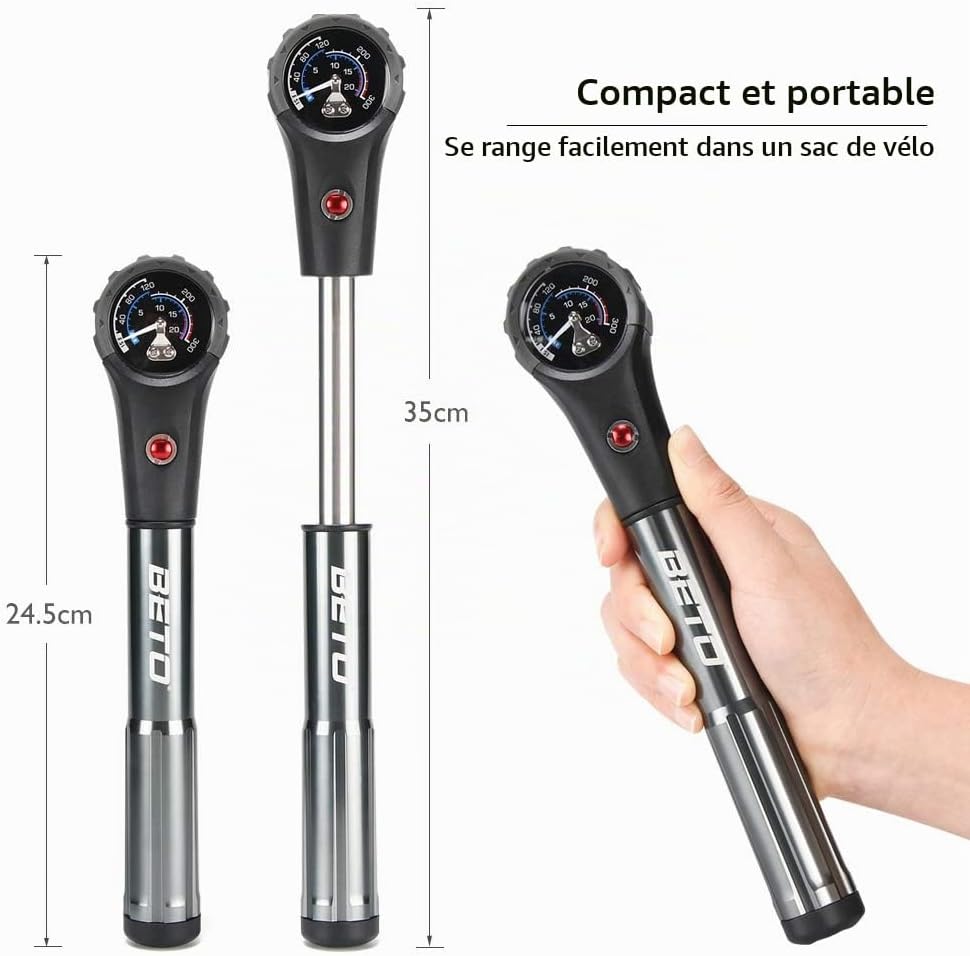Detalle 2 de Beto MTB-schokpomp 300 psi met dubbele functie en manometer