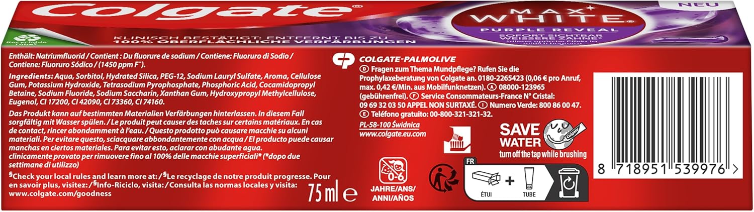 Detalle 1 de Colgate Max White Purple Reveal Pasta Blanqueadora, 12 uds 🦷