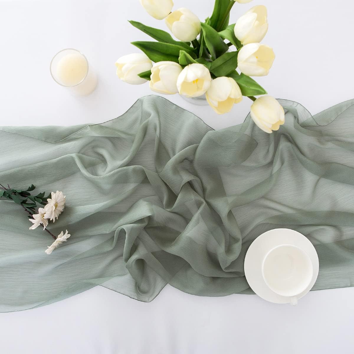 Detalle 2 de CHUQING Chiffon-Tischläufer salbeigrün 70 x 300 cm für Hochzeit, Events & Deko