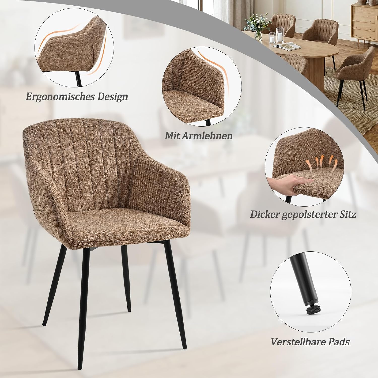 Thumbnail 4 de Goeurvant Set da 6 sedie da pranzo con braccioli in ciniglia marrone moka – eleganza e comfort per tavolo domestico