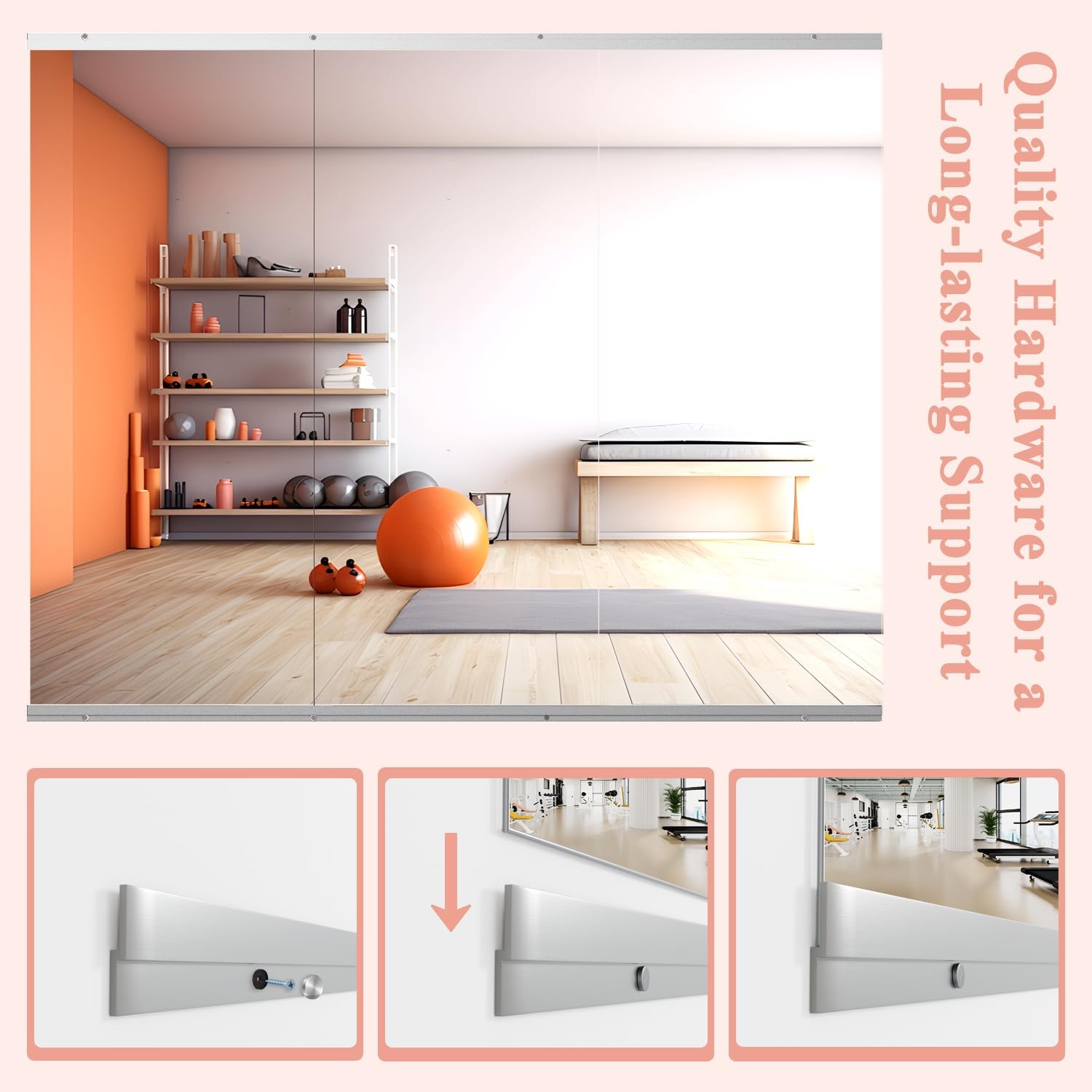 Detalle 2 de NEUWEABY 57" × 24" 3-Piece Gym Mirror, Tempered Glass, Frameless Wall Mount