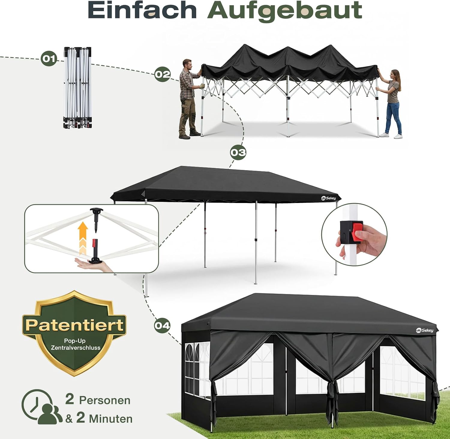 Detalle 2 de Sekey One-Touch Pop Up Pavillon 3x6m mit Seitenwänden – Wasserdicht & Windfest, inkl. Sandsäcke und Tragetasche