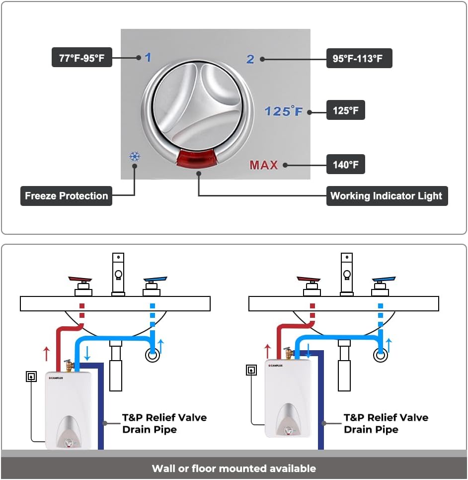 Detalle 2 de CAMPLUX ME40 4-Gallon Electric Mini-Tank Water Heater, 1440W, 120V