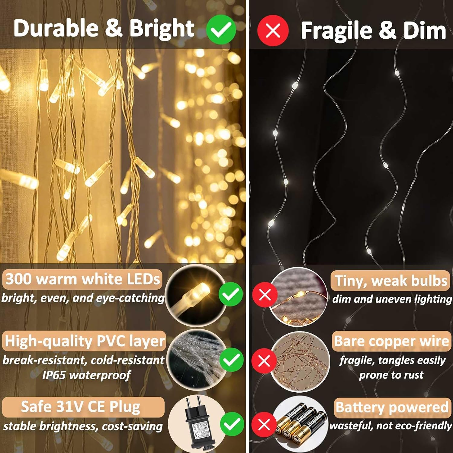Detalle de Cozymeow 2 Pezzi Tenda Luminosa Esterno e Interno 300 LED 3x3m – Cascata Fiabesca, 8 Modalità e Timer, IP65