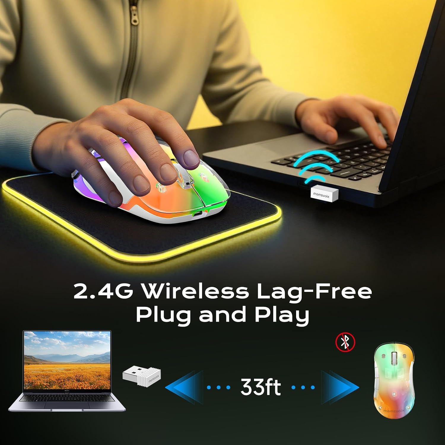Thumbnail 5 de memzuoix LED Wireless Mouse (Rechargeable 2.4G) – Ergonomic optical cursor control with RGB lighting, yellow