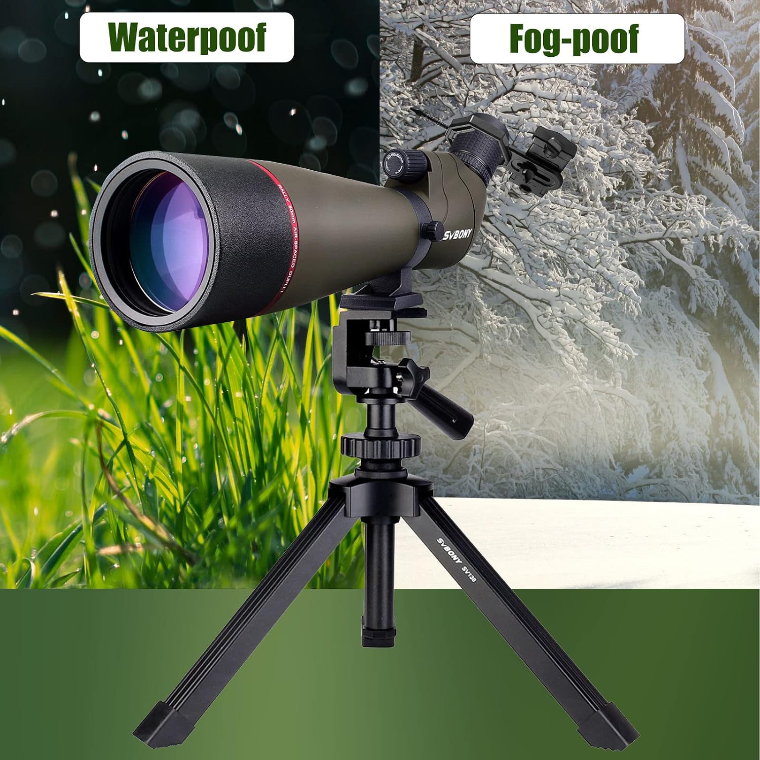 Detalle 2 de Svbony SV13 20-60x80 con treppiede da tavolo e adattatore per smartphone (IPX7) per birdwatching