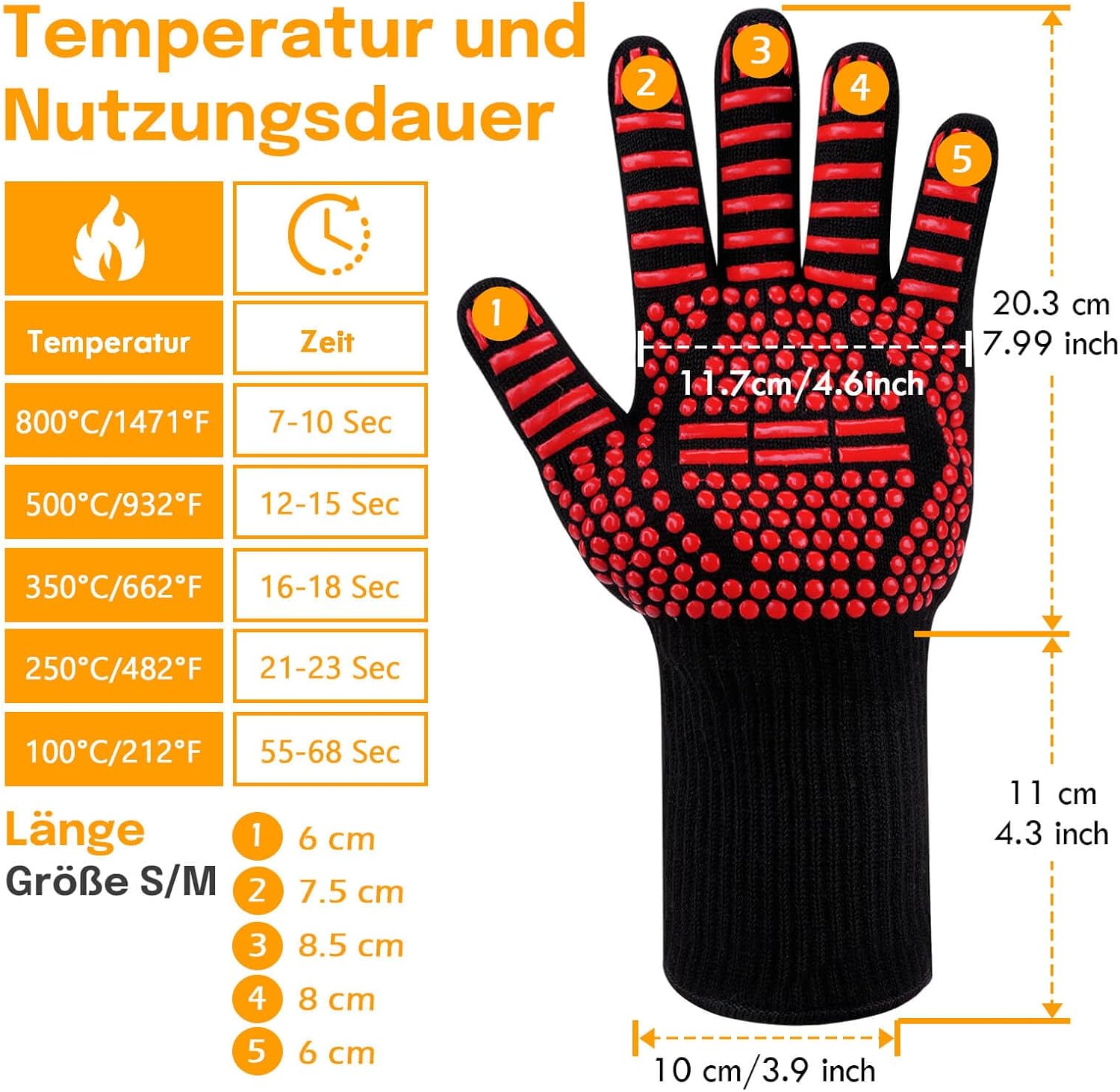 Detalle de Reinalin Grillhandschuhe hitzebeständig bis 800 °C (S/M), rutschfest für BBQ, Ofen & Küche