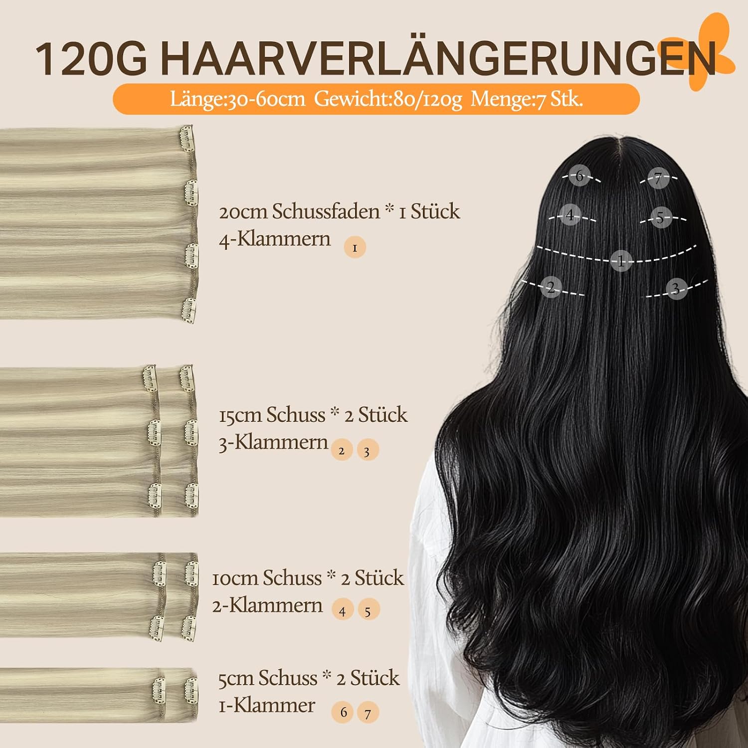 Detalle 2 de DOORES Clip-in Extensions Echthaar – Aschblond Highlights Platinblond, 50 cm (20 Zoll), 7 Stück, Remy Echthaar
