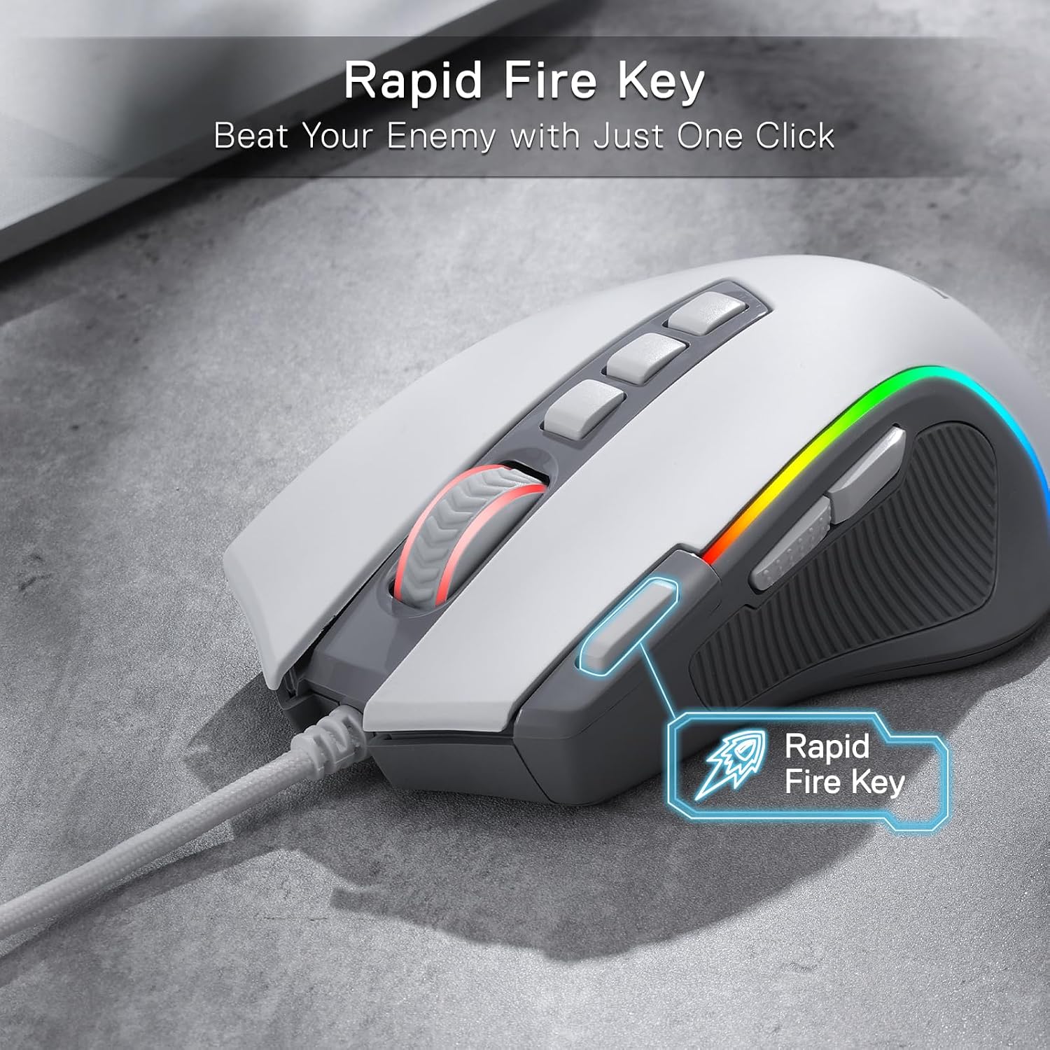 Detalle de Redragon M612 RGB Gaming Maus (kabelgebunden, 8000 DPI, 11 programmierbare Tasten) – Grau & Weiß