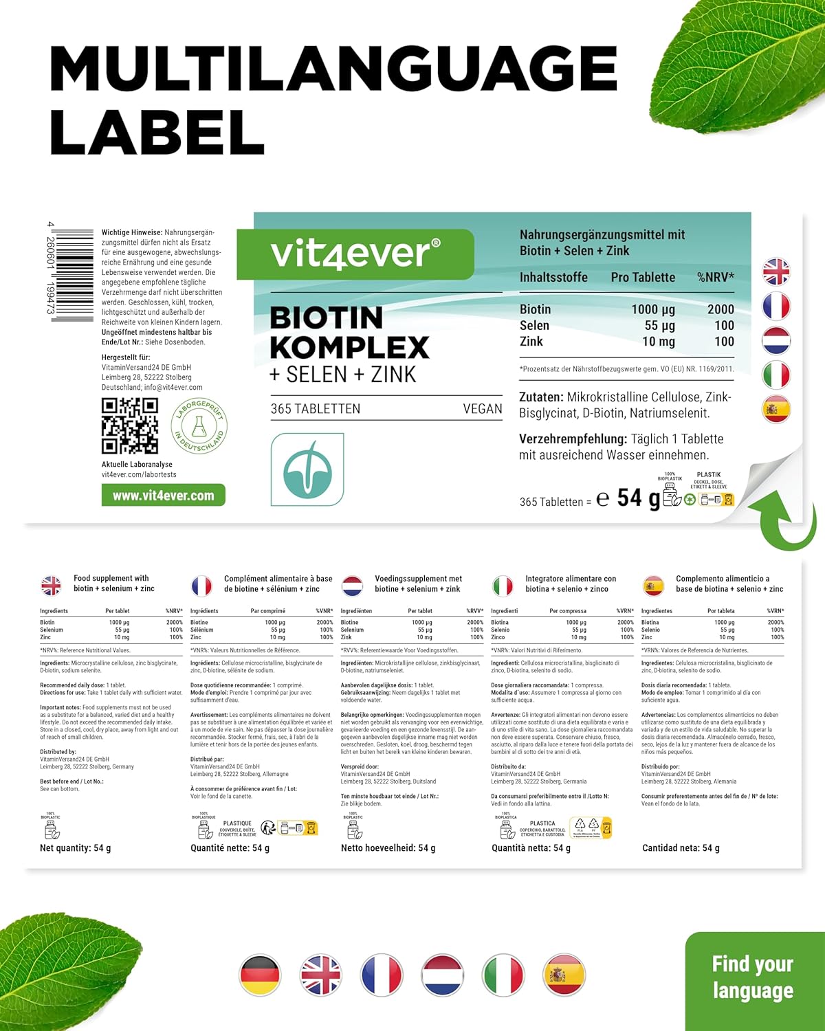 Thumbnail 5 de vit4ever Biotin Komplex + Selen + Zink – vegan, 365 Tabletten für Haut, Haare & Nägel