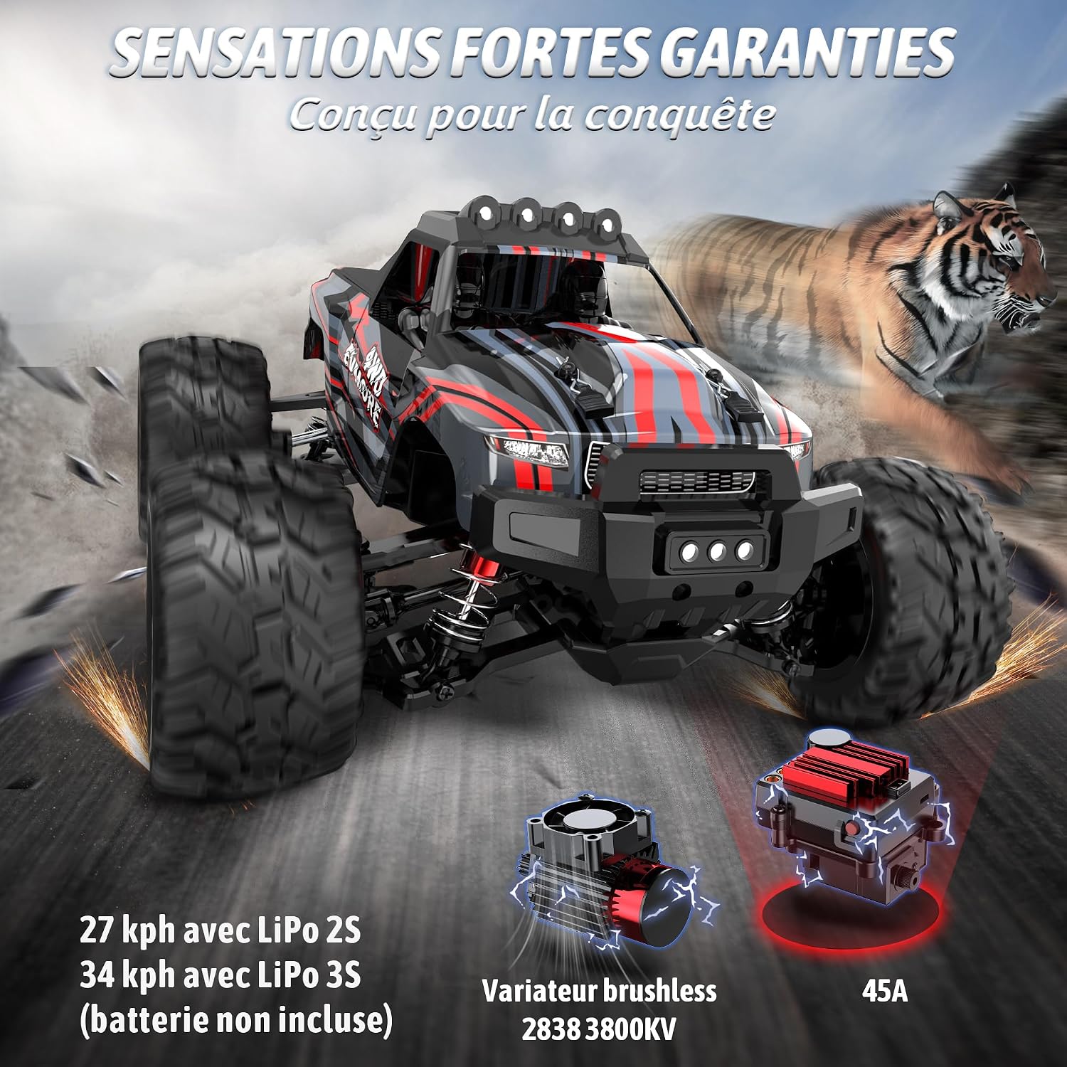 Detalle 2 de Evmore Voiture Télécommandée 1:16 4WD — Haute Vitesse, 55 km/h et Suspension Tout-Terrain, avec 2 Batteries