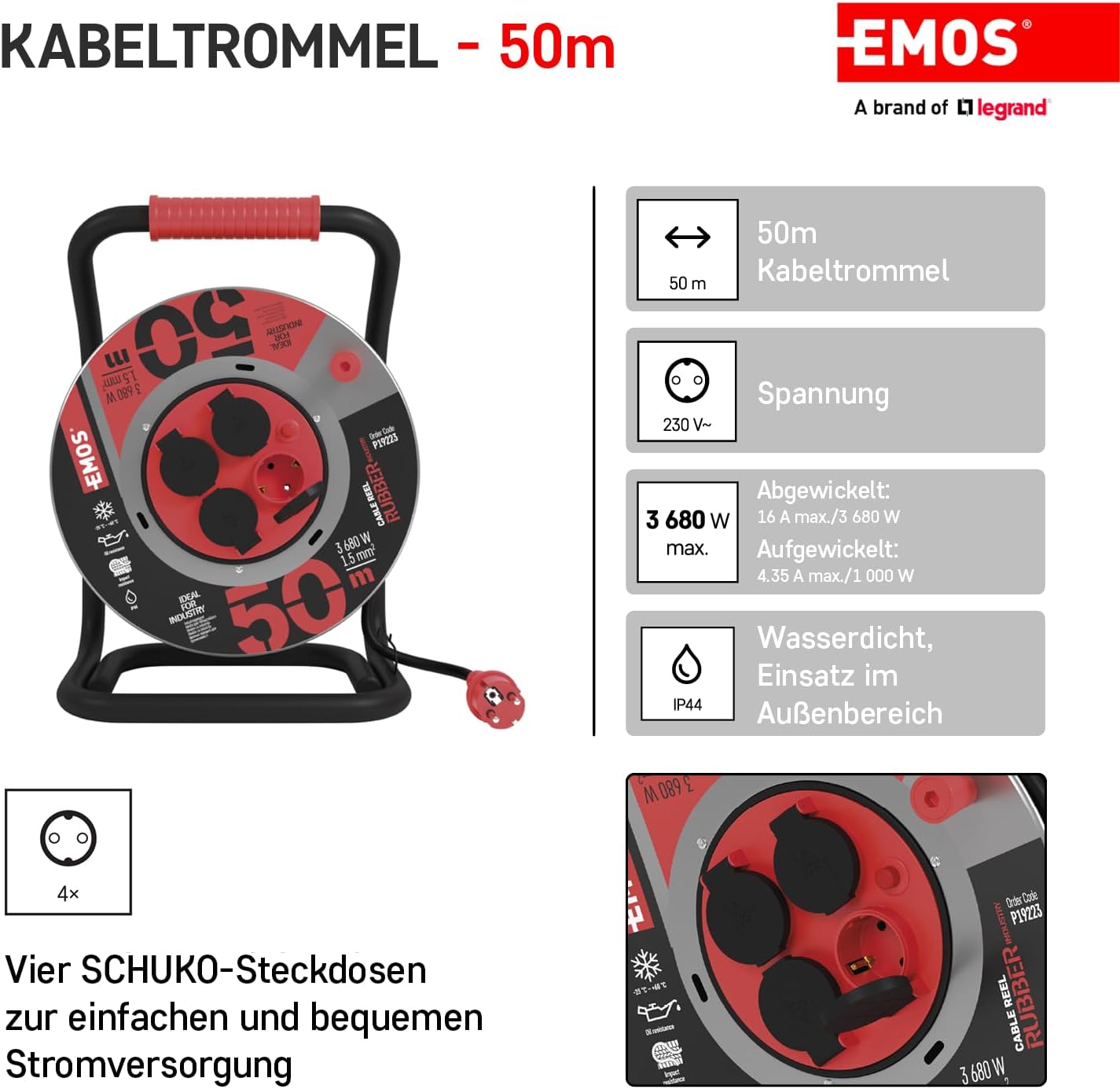 Thumbnail 1 de EMOS P19223 – bęben kablowy 50 m, stalowy, 4 gniazda Schuko, IP44