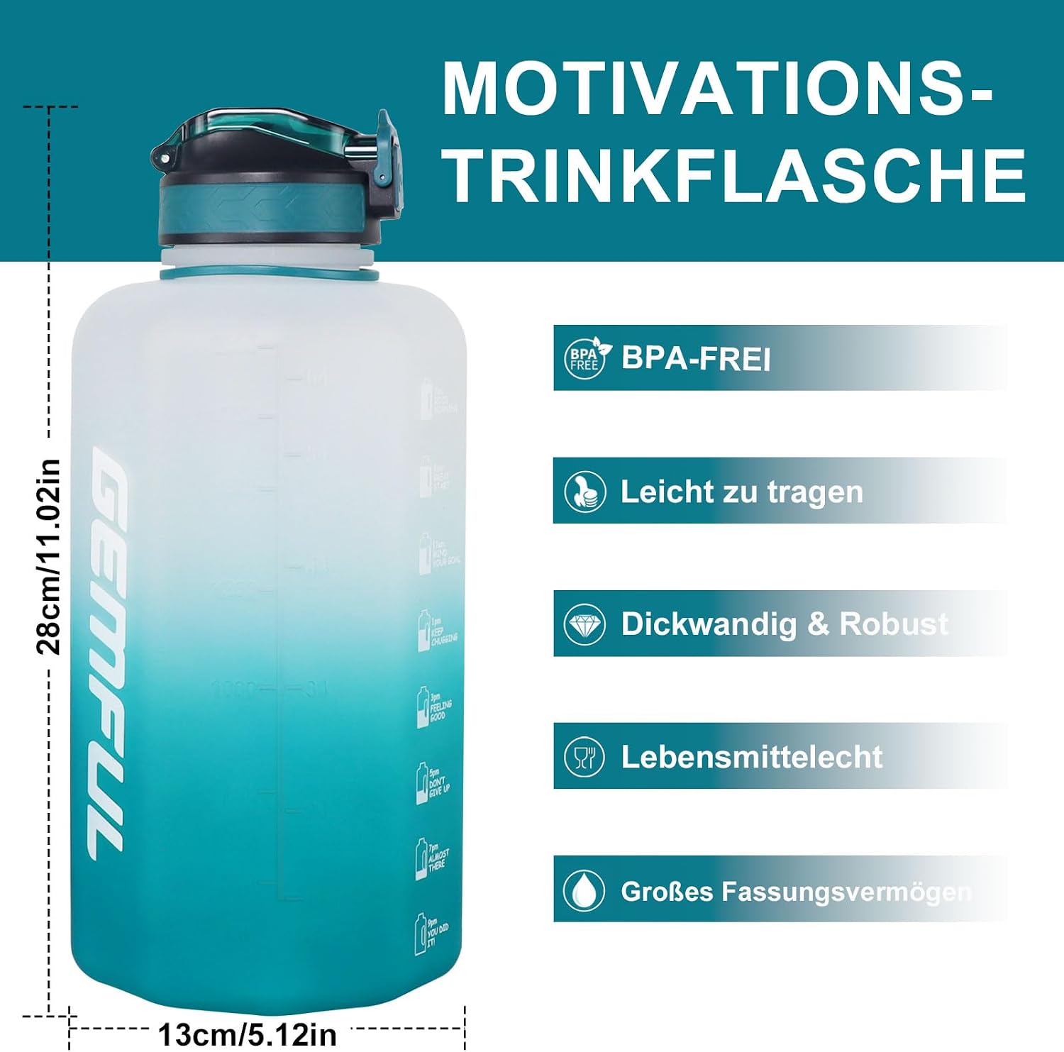 Thumbnail 6 de GEMFUL 2.2L Sport-Trinkbehälter mit Strohhalm – Zeitmarkierung für optimale Flüssigkeitszufuhr