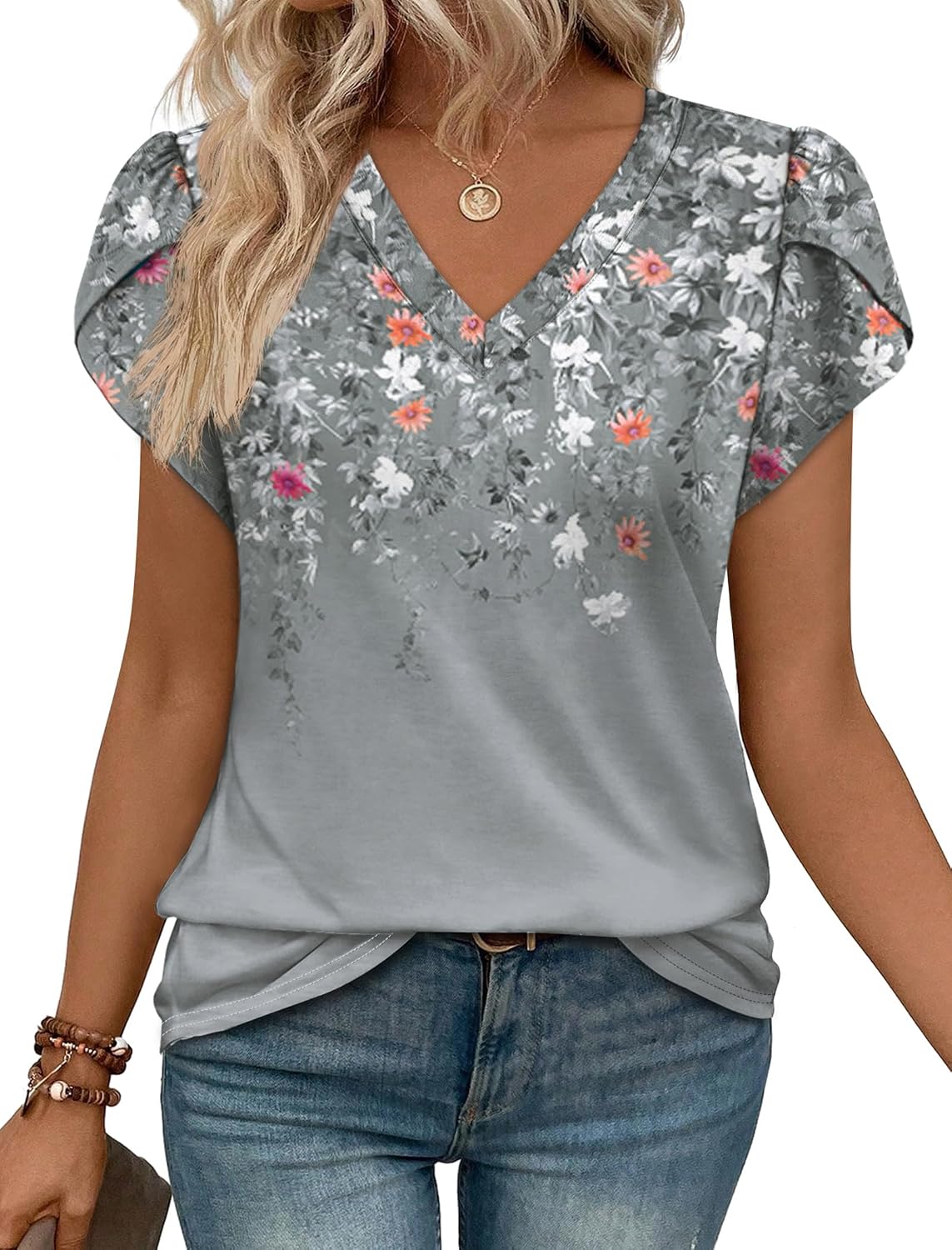 Thumbnail 1 de WIHOLL Women's Petal Sleeve Dressy Casual V-Neck Top