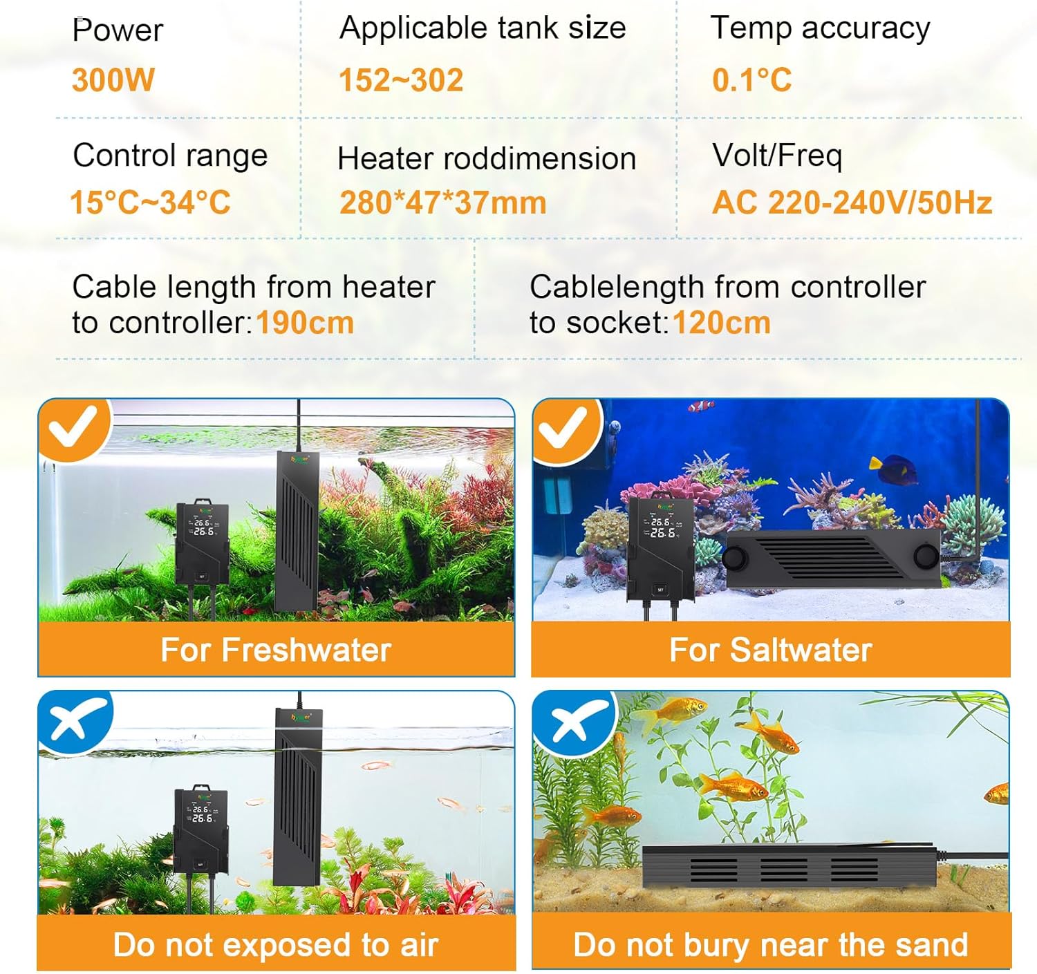 Thumbnail 5 de hygger Submersible Aquarium Heater 300W with Digital Display – for 152–302L Freshwater Tanks
