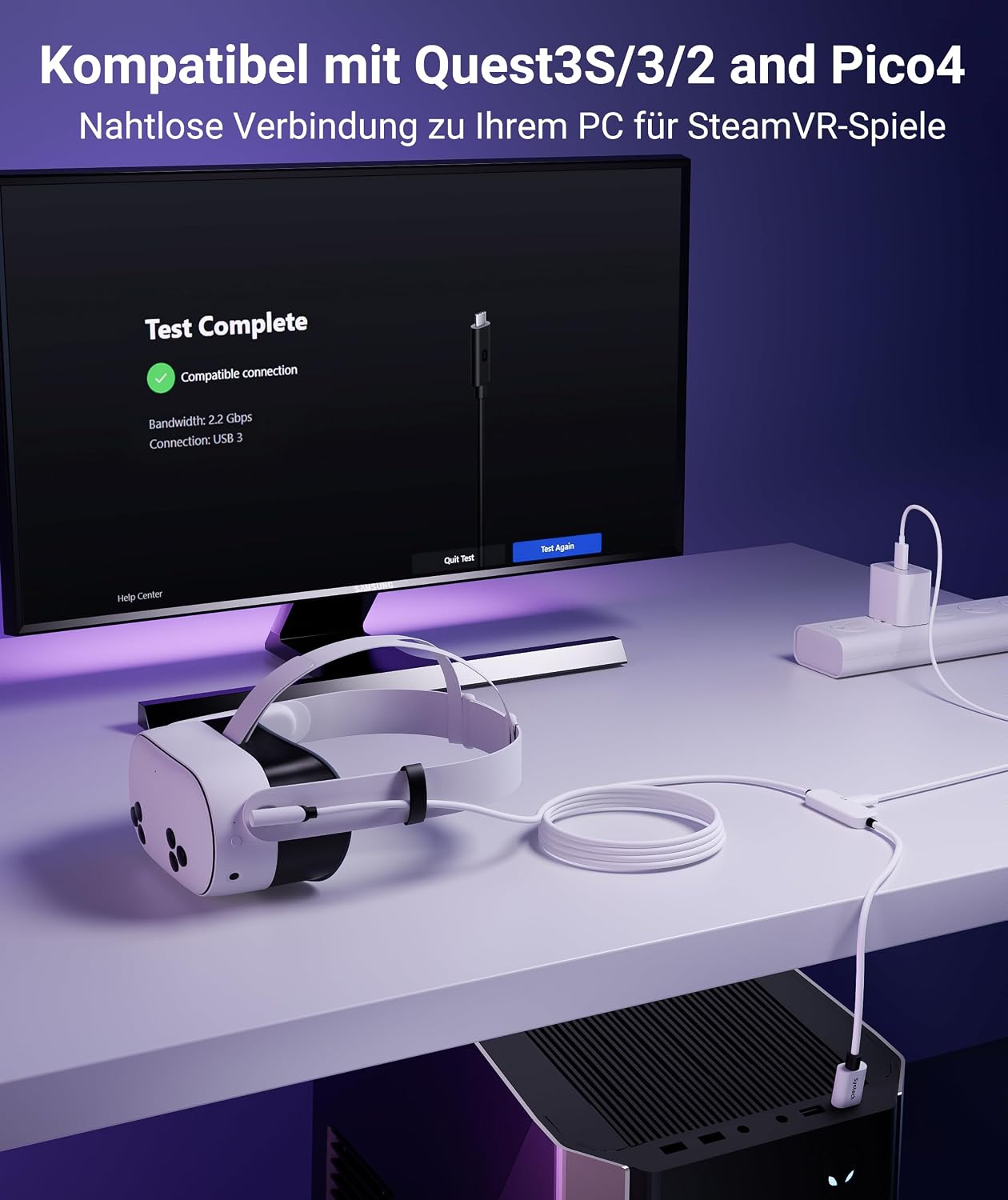 Detalle 2 de Syntech Link Kabel 5 m/16 ft – 2‑in‑1 USB-A/USB-C VR‑Kabel für Meta Quest 3S/3/2/Pro und Pico 4