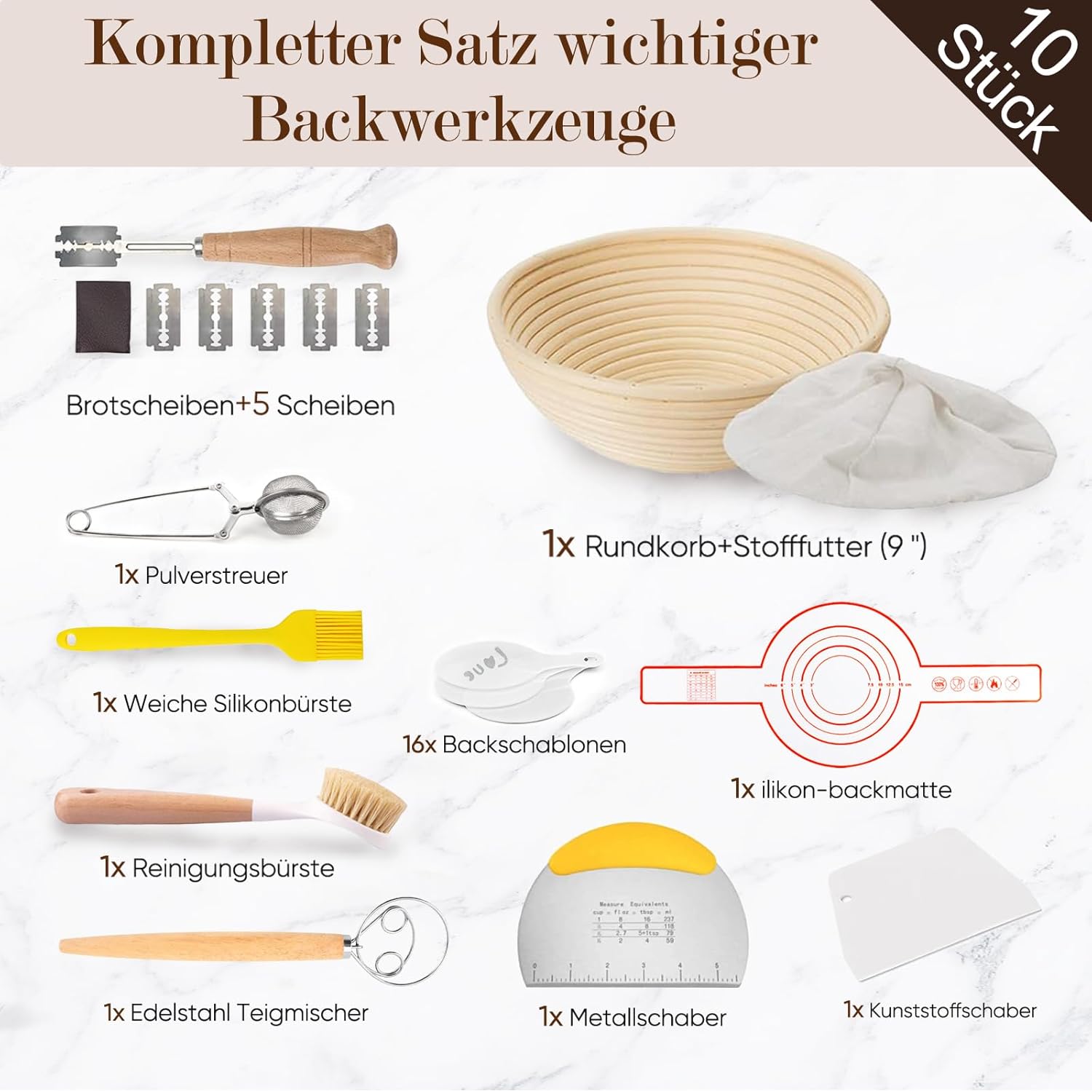Thumbnail 1 de Kixiyou 10-teiliges Gärkorb Brot-Set (23 cm) – rundes Gärschwungrad-Set mit Backzubehör