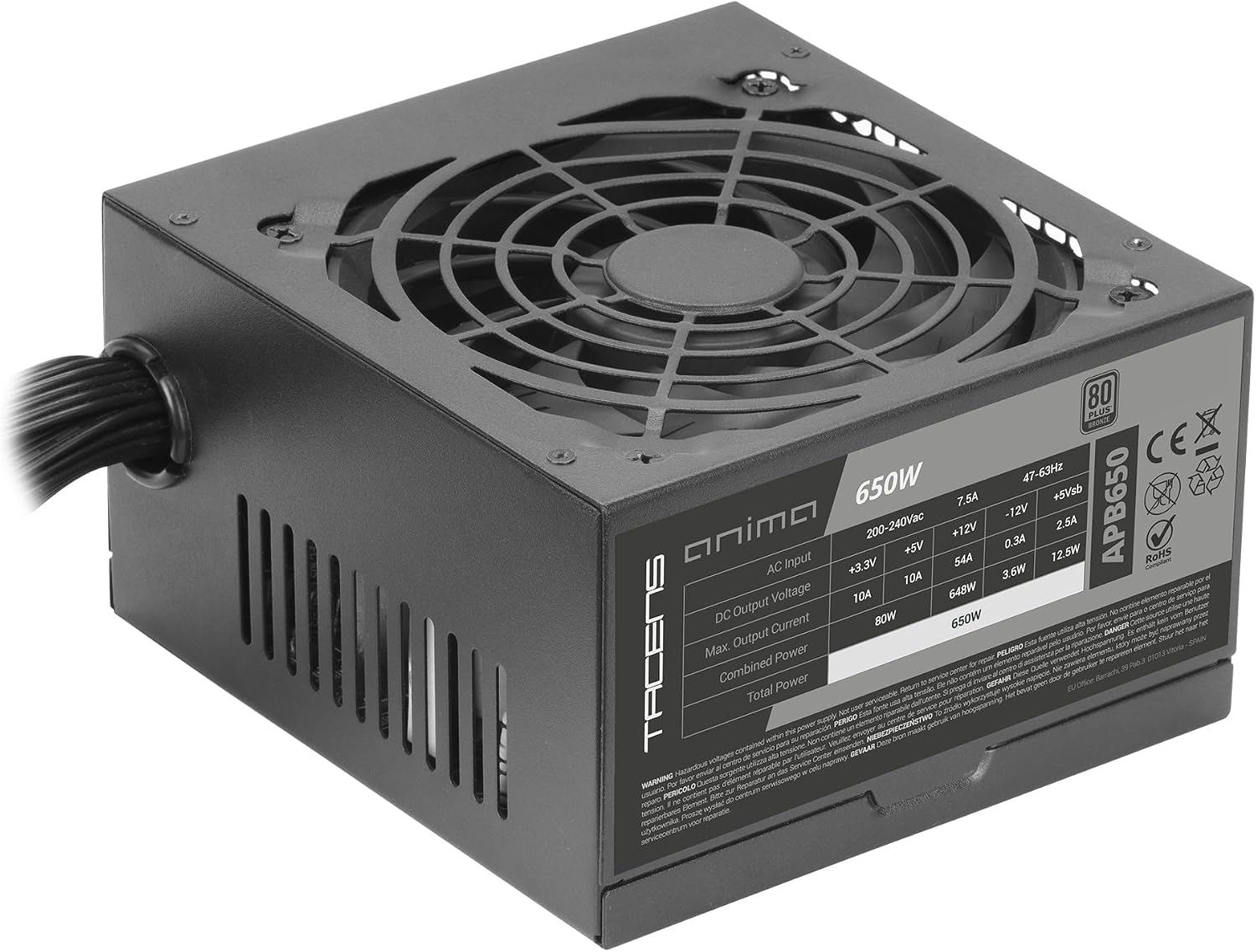 Detalle de Tacens Anima APB650 alimentatore ATX 650W 80 Plus Bronze con ventola 12 cm ultra-silenziosa e cavi piatti