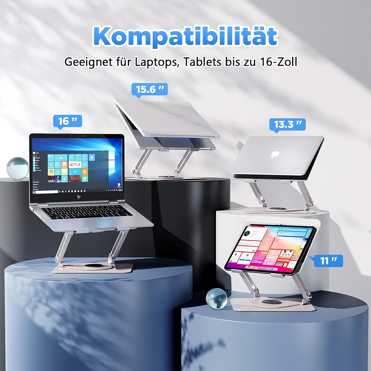 Detalle 2 de ICARE Laptop Ständer mit Magnetischem RGB Kühler – 360° Drehung, 10 kg Tragkraft, 18 dB Leise, Ergonomische Halterung für Laptops bis 16 Zoll