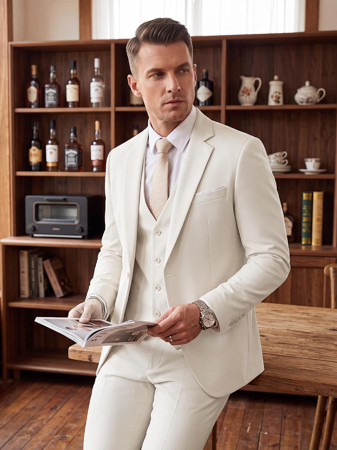 Detalle 2 de MAGE MALE Men's 3-Piece Slim-Fit Suit with One-Button Blazer, Vest and Pants