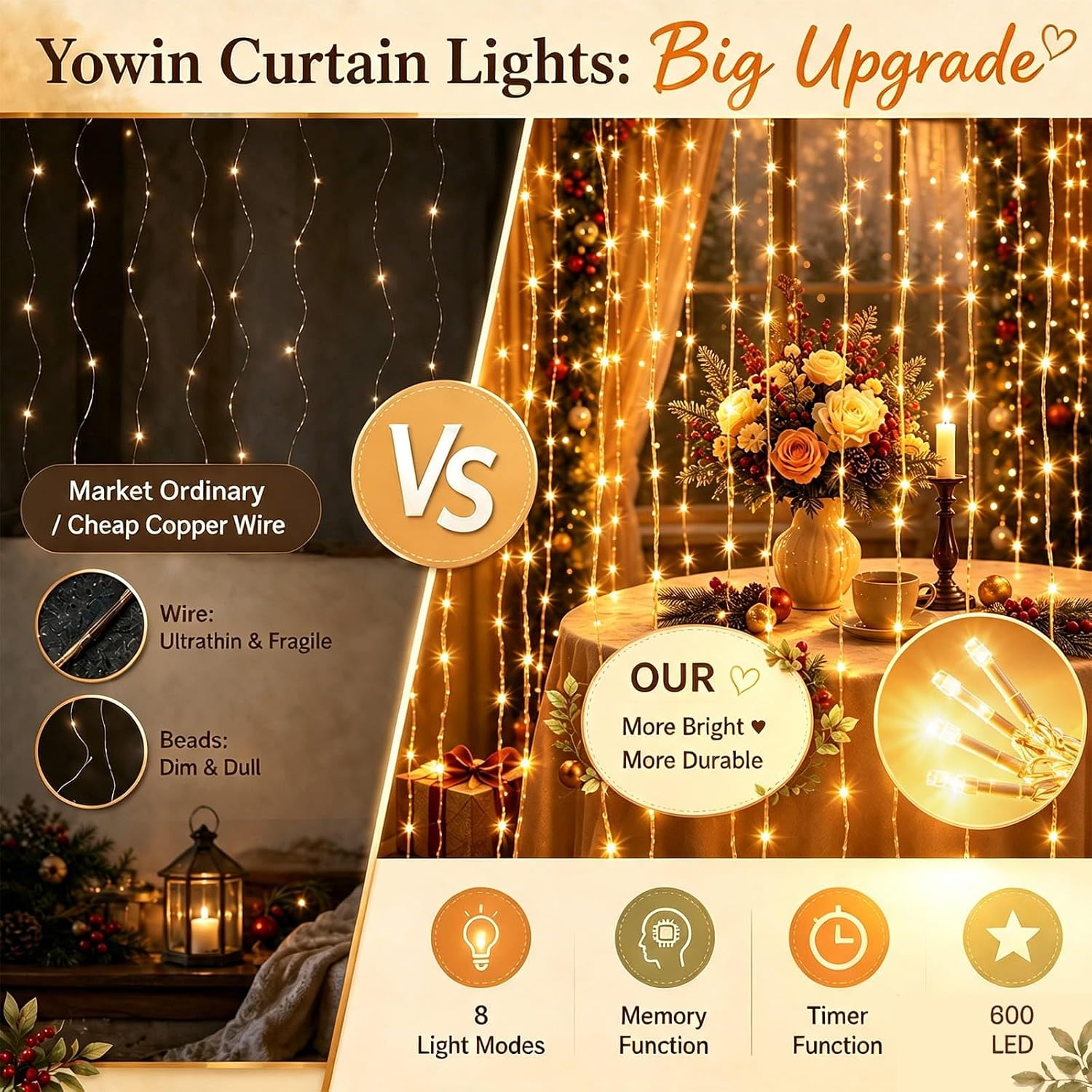 Detalle de Yowin ljusgardin 6 × 3 m med 600 varmvita LED-lampor och 8 lägen