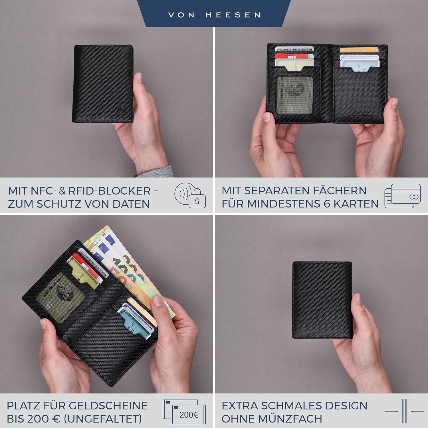 Detalle 2 de VON HEESEN Herren-Leder-Geldbörse Carbon-Schwarz mit RFID-Schutz