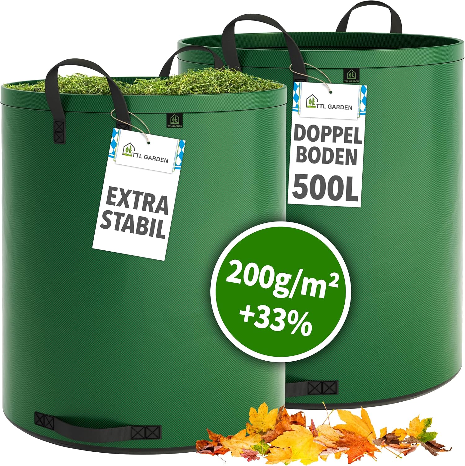 Detalle de TTL Garden SUPER SOLID 2er Set Gartensack 2x 500 L (doppelter Boden, 4 Griffe) grün