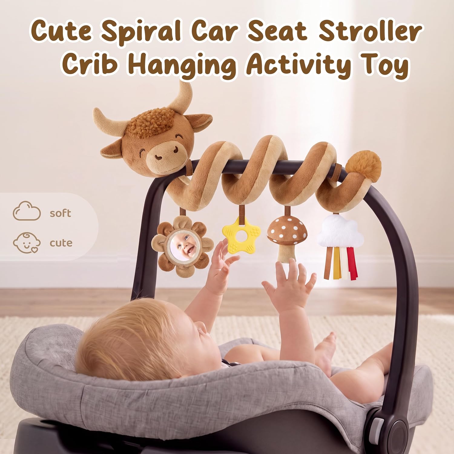 Detalle 2 de Stuffed YX_CST_007 Highland Cow Spiral Stroller Toy with Sensory Pendants