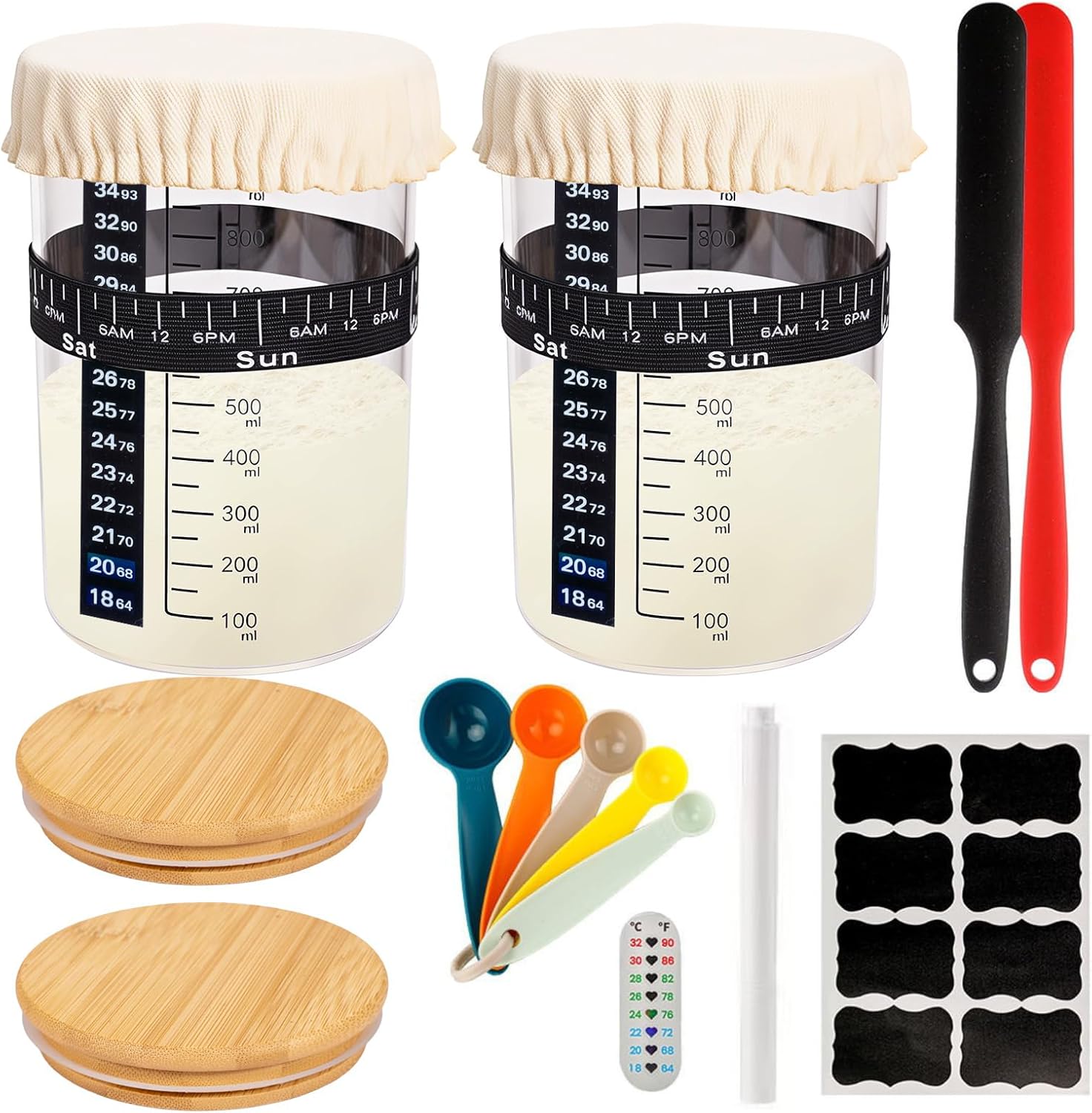 Detalle de 2-Pack 900ml Glass Sourdough Starter Jar Kit with Date Feeding Band, Thermometer & Cloth Cover
