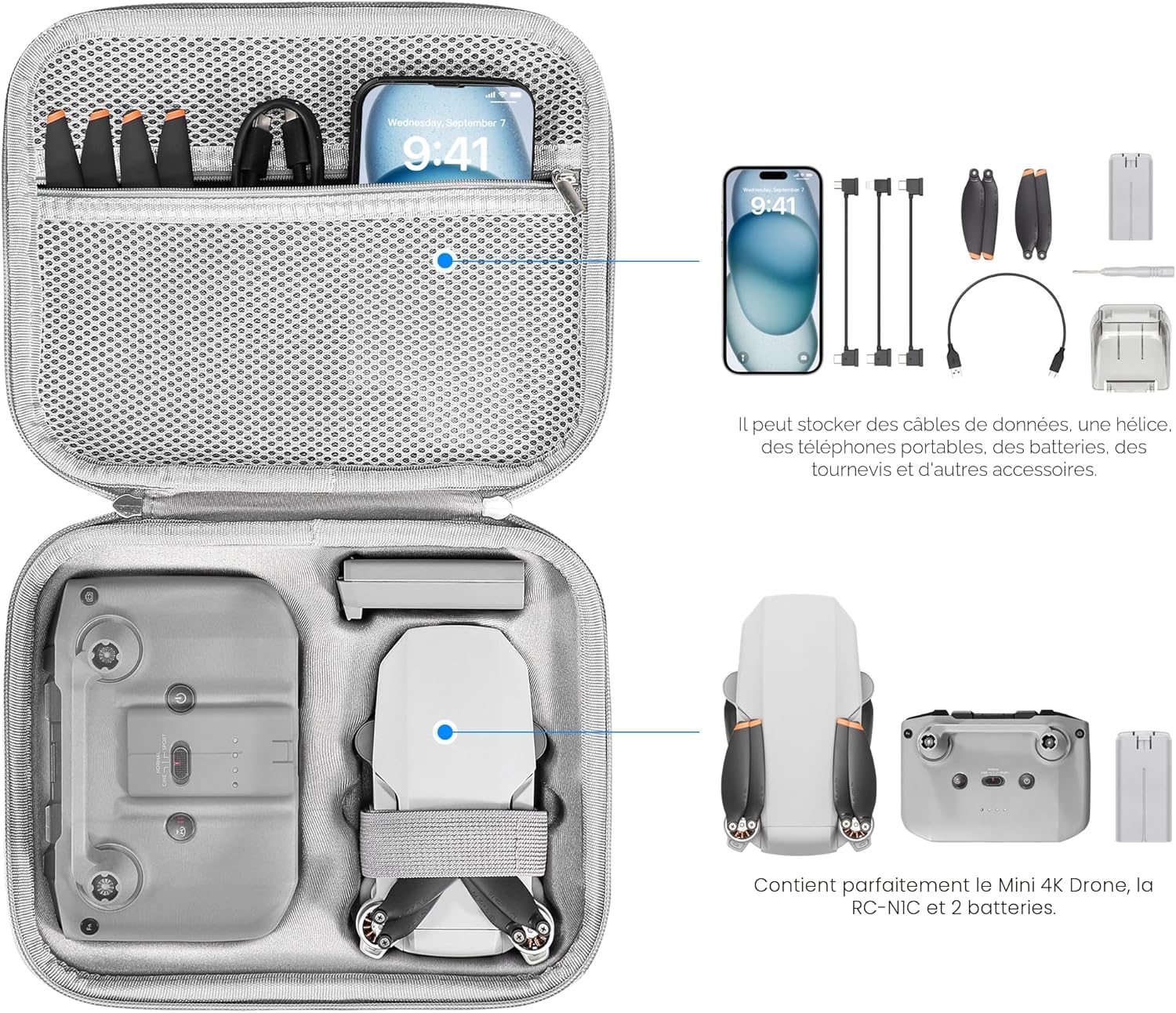 Detalle de FPVtosky Mini 4K Étui Rigide et Sac de Transport pour DJI Mini 4K / Mini 2 SE – Accessoires Inclus