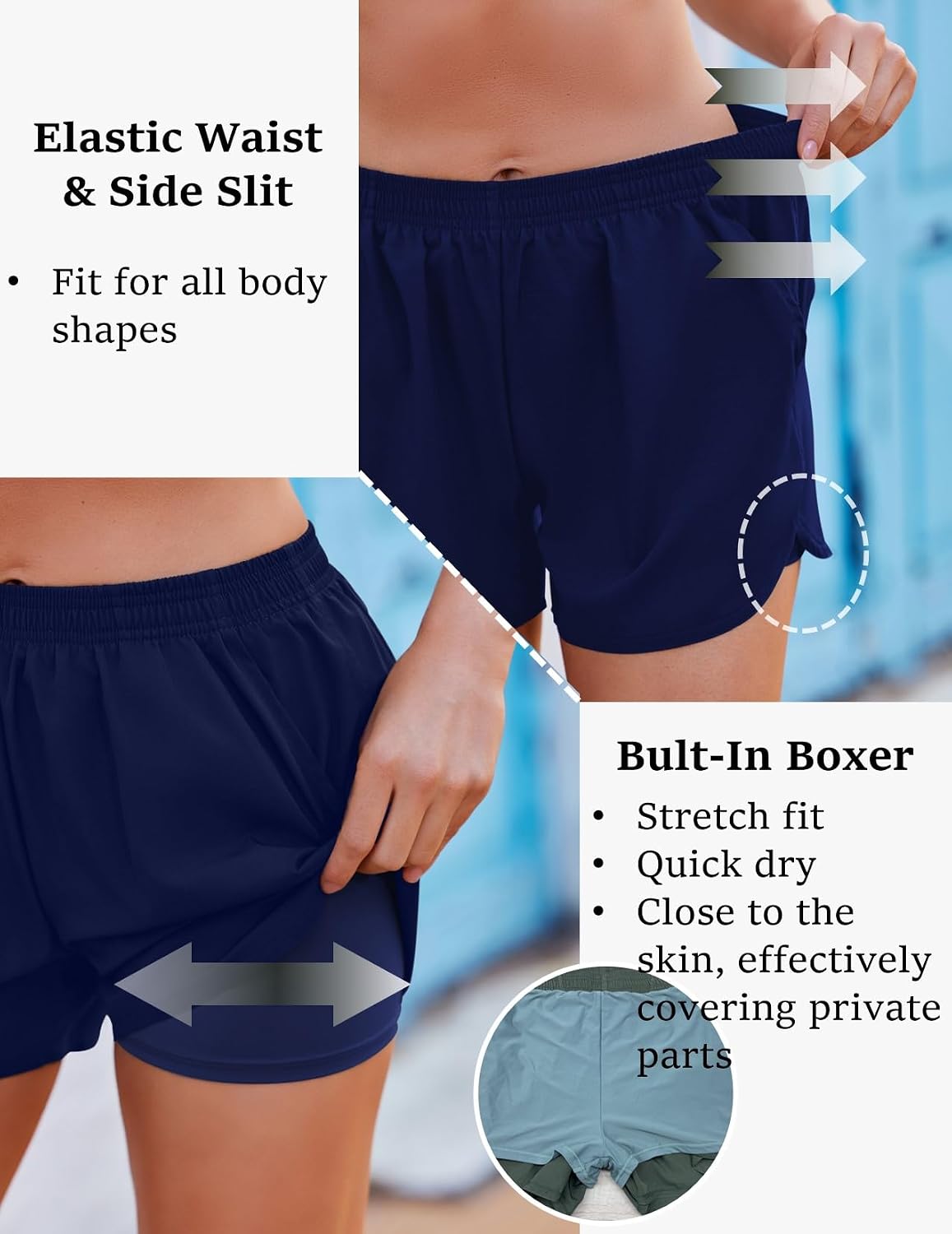 Detalle de Ekouaer Pantaloncini da Bagno Donna con Boxer Interno – design a doppio strato, Tasche e spacchi laterali