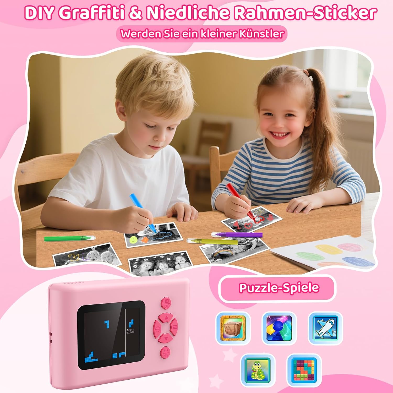 Detalle de uleway Kinder-Sofortbildkamera mit 2,4" Bildschirm, 32GB Karte & Sofortdruck (Rosa)