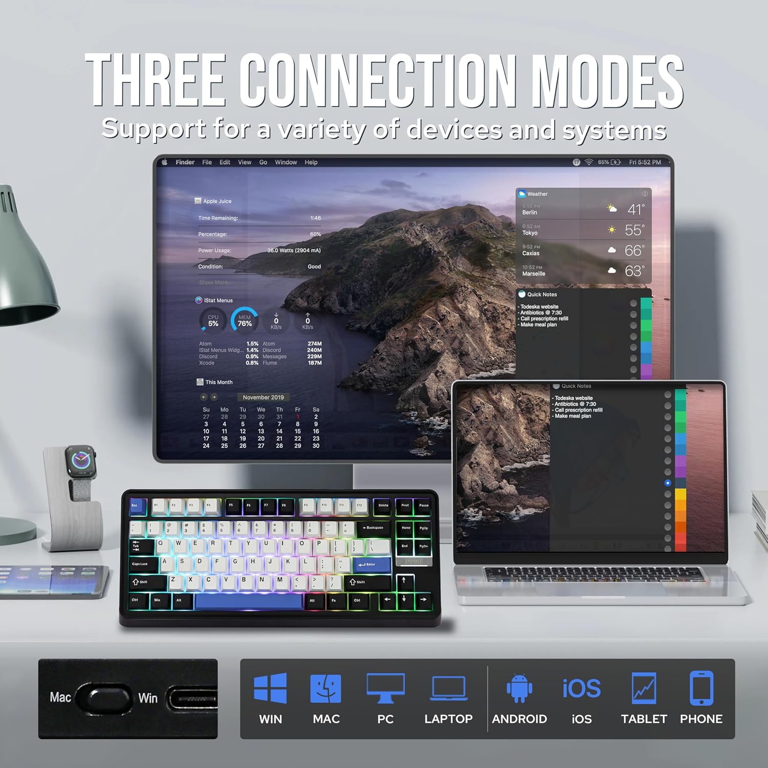 Detalle de EPOMAKER TH85 QMK/VIA Wireless Gaming Keyboard (Tri-Mode, Hot-Swappable, Creamy Jade Linear Switches)