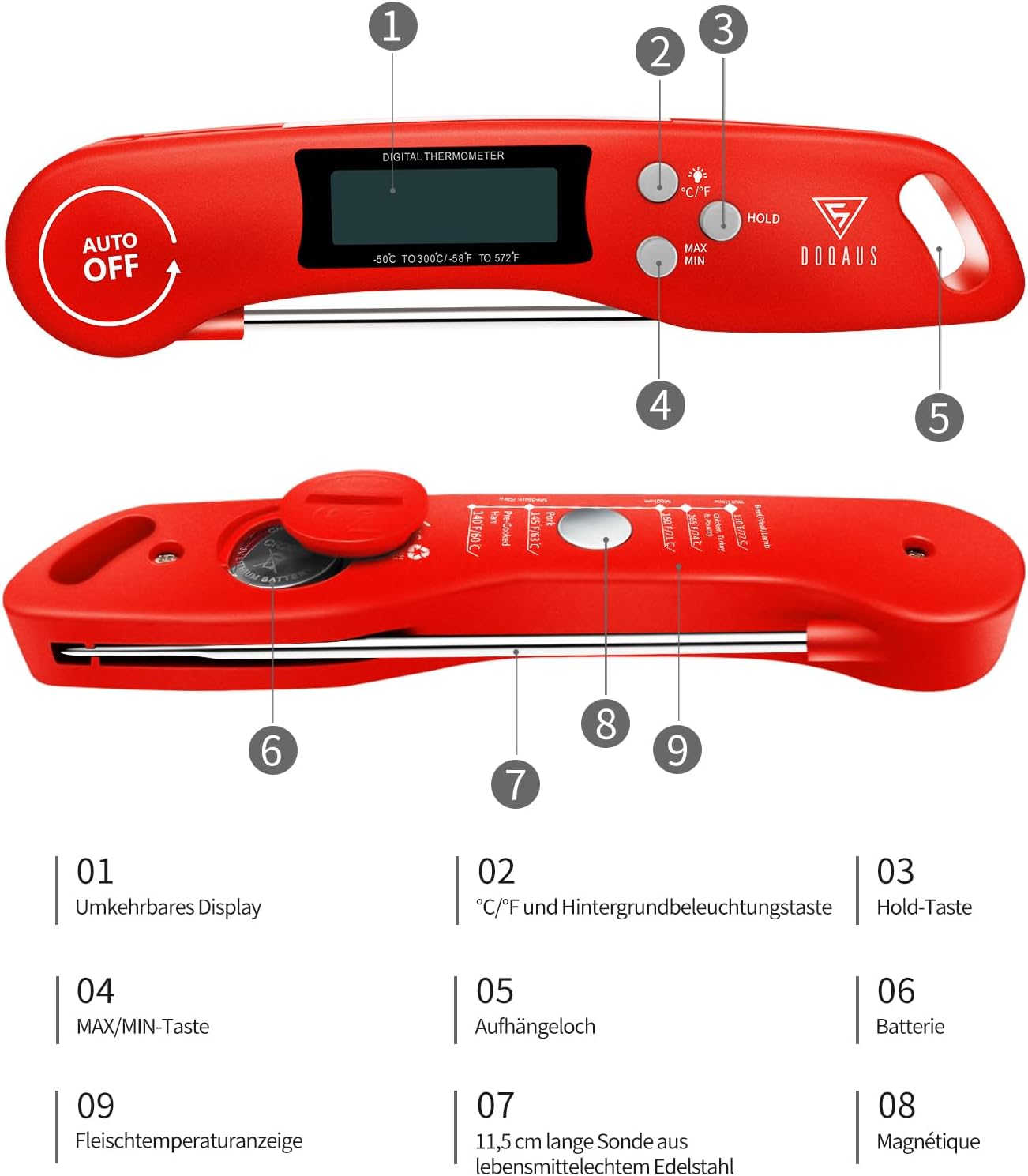 Detalle 2 de DOQAUS Grillthermometer mit 3 s Sofortablesen