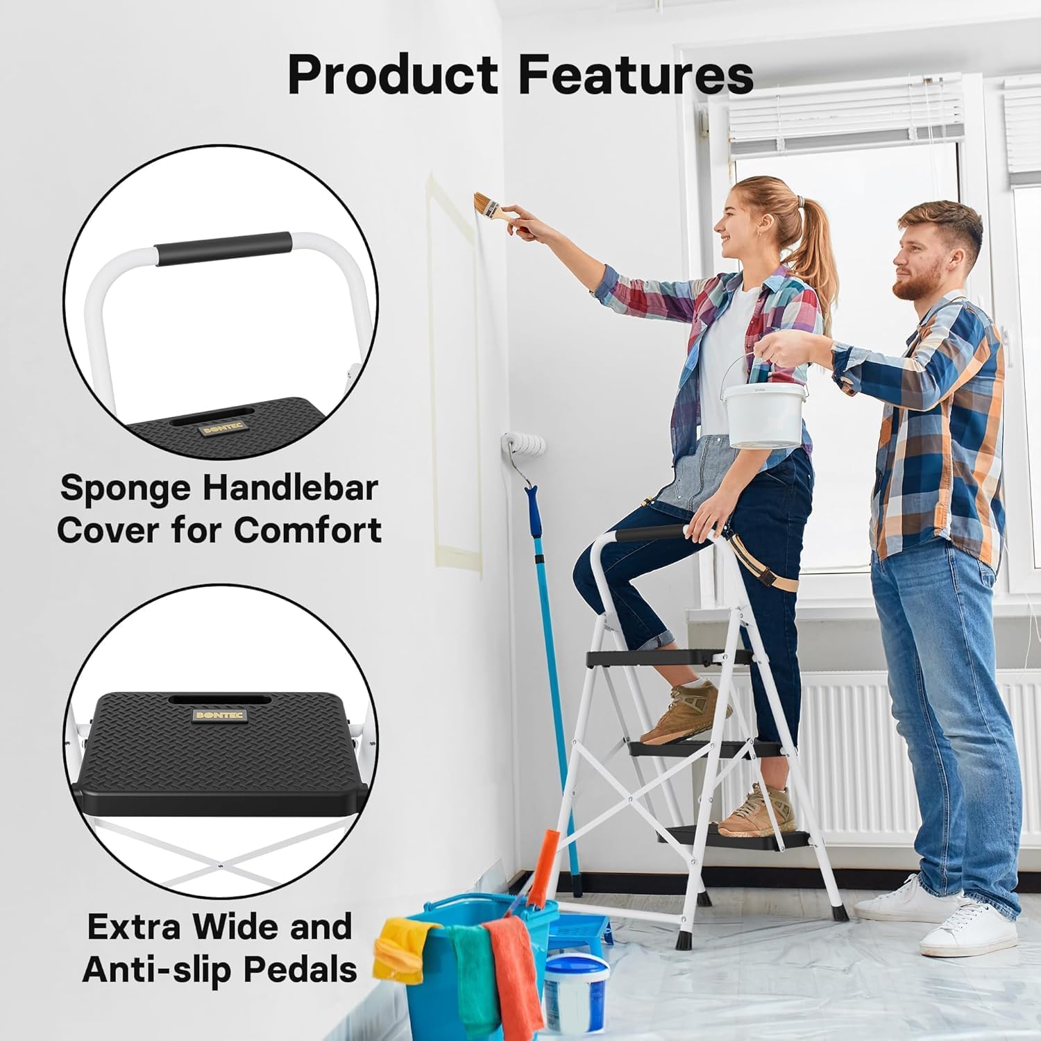 Thumbnail 4 de BONTEC Scala a 3 gradini pieghevole con corrimano in acciaio, portata 150 kg e pedali antiscivolo