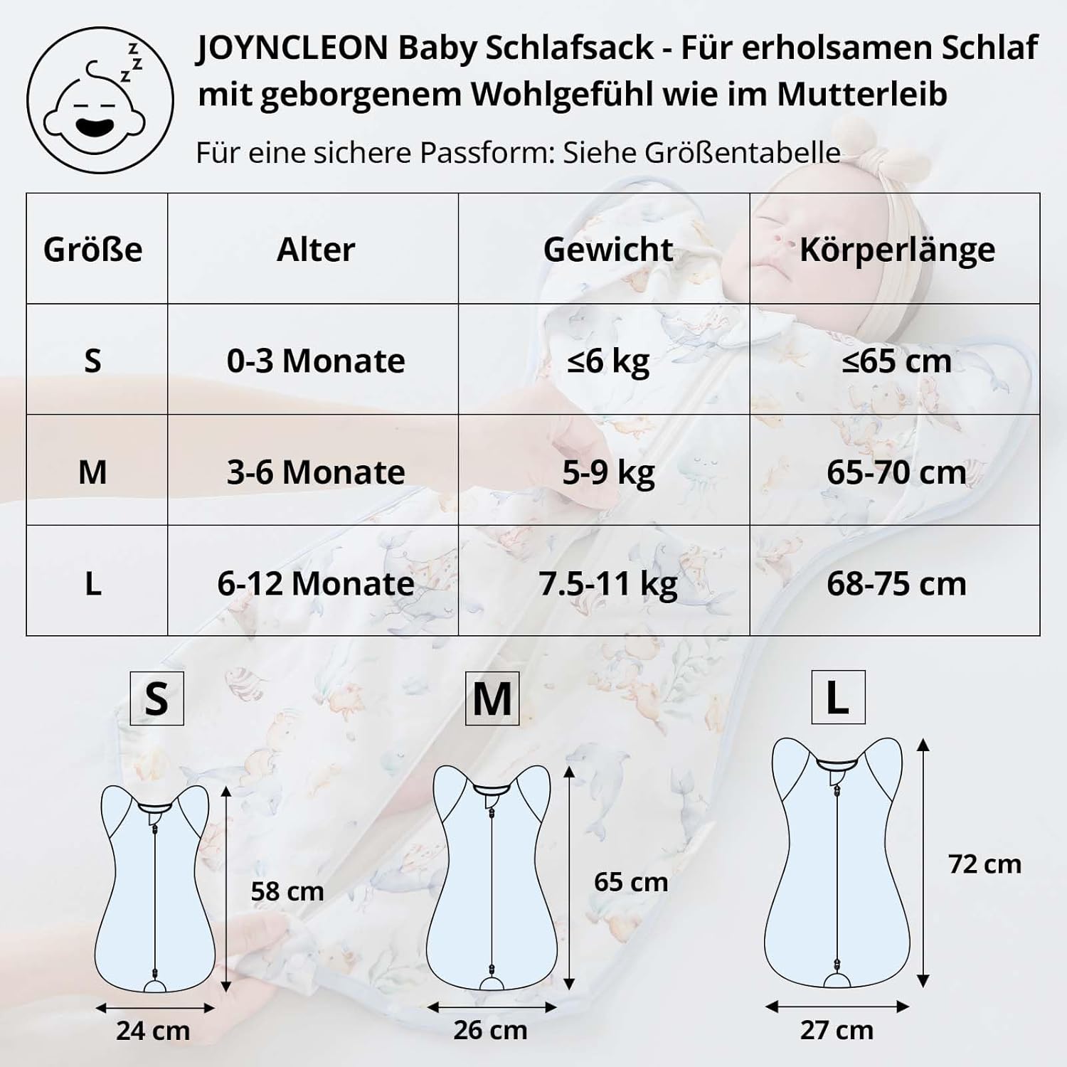 Thumbnail 1 de JOYNCLEON Sacco Nanna Neonato 0,5 TOG con fascuatura e apertura autoconsolante per sonno 0-6 mesi (4–7,5 kg)