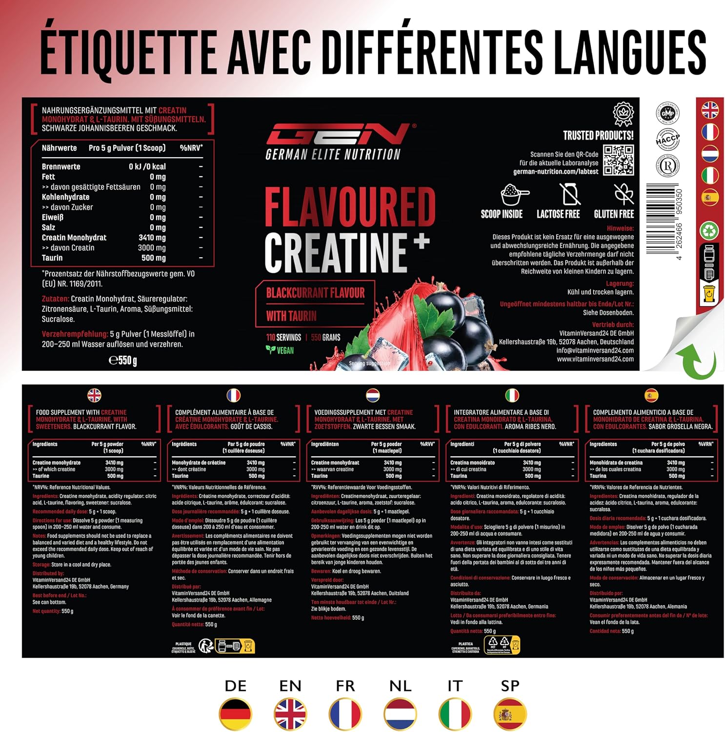 Detalle 2 de Flavoured Creatine poudre – 550 g, Creatine Monohydrate + L-taurine, Saveur Fraise – vegan & sans sucre