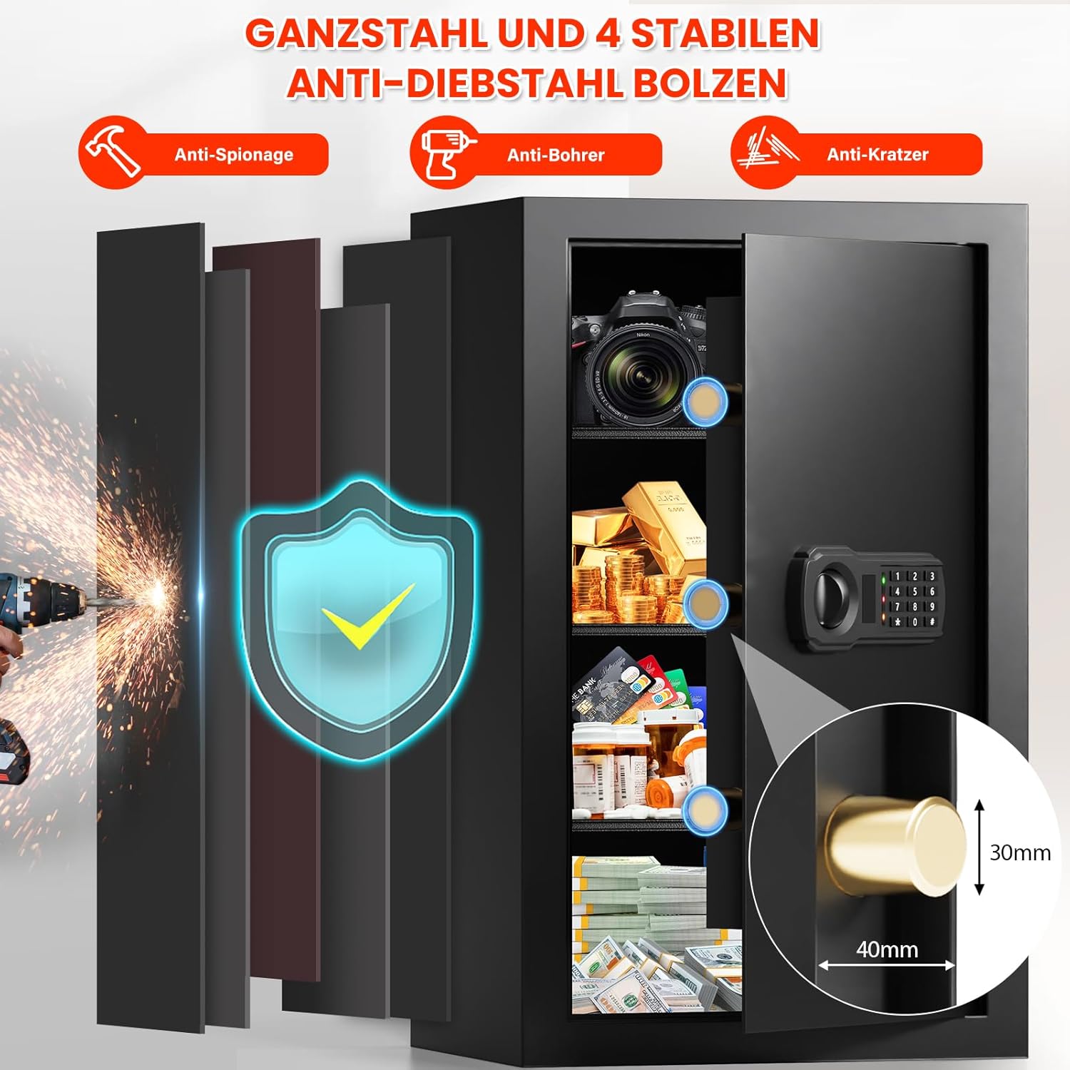 Thumbnail 6 de 85L Großer Feuerfester Tresor mit feuerfester Dokumententasche – Digitaler Heimtresor inkl. herausnehmbarem Regal