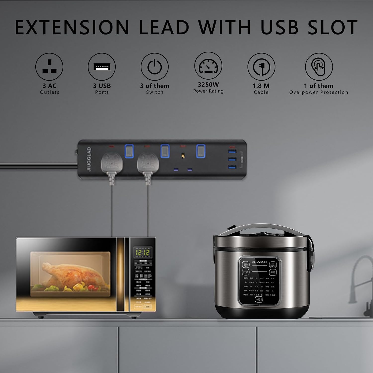 Detalle 2 de Extension Lead with USB Slots(3 USB), 1.8M Extension Cable, 3 Way Plug Extension Socket with Individual Switches, Wall Mount Extension Cord for Home, Office
Extension Lead with USB Slots(3 USB), 1.8M Extensi…