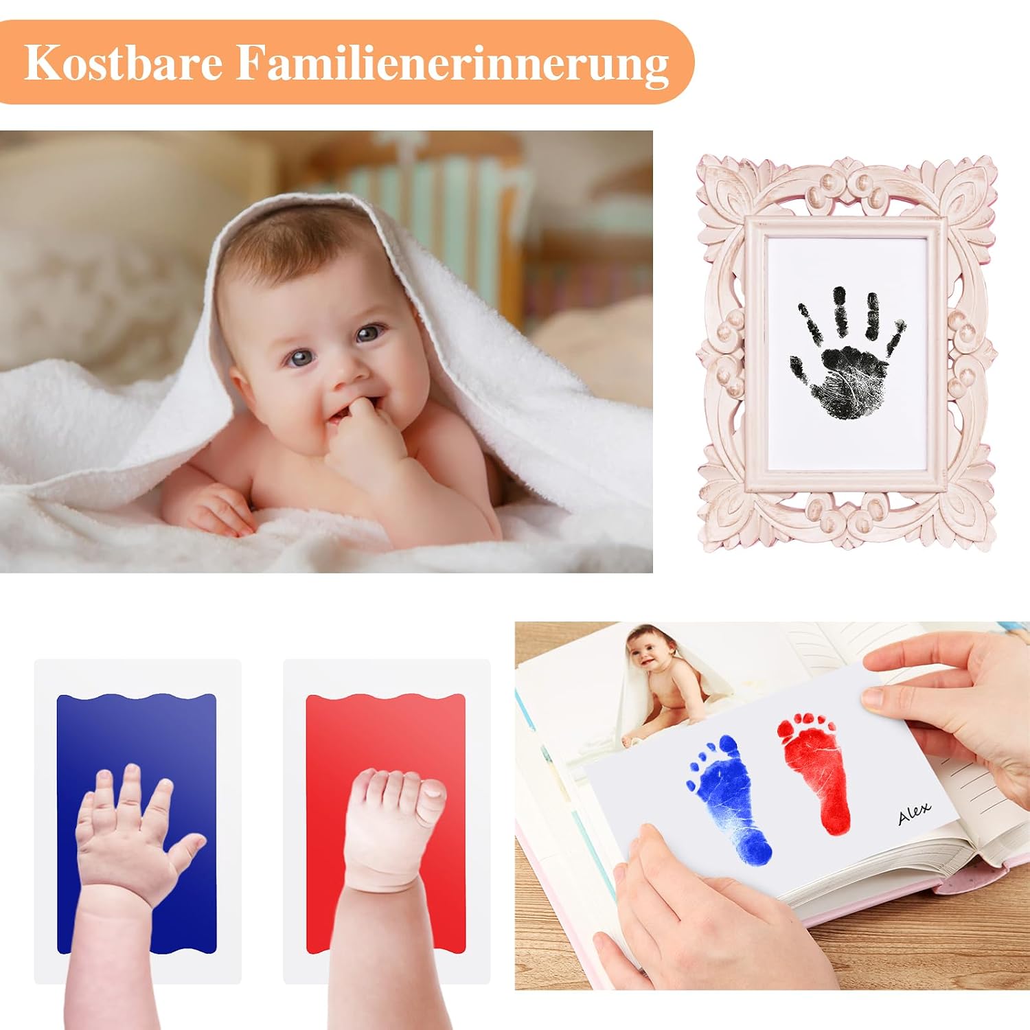 Detalle 2 de Baby-Fußabdruck & Handabdruck-Set (4 Stempelkissen) für Baby Shower – 0–6 Monate, inkl. Karten