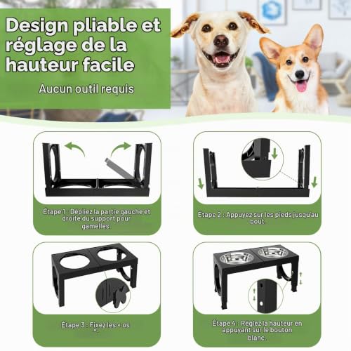 Thumbnail 7 de X XBEN Gamelle surélevée pour chien, 5 hauteurs réglables et 2 bols inox
