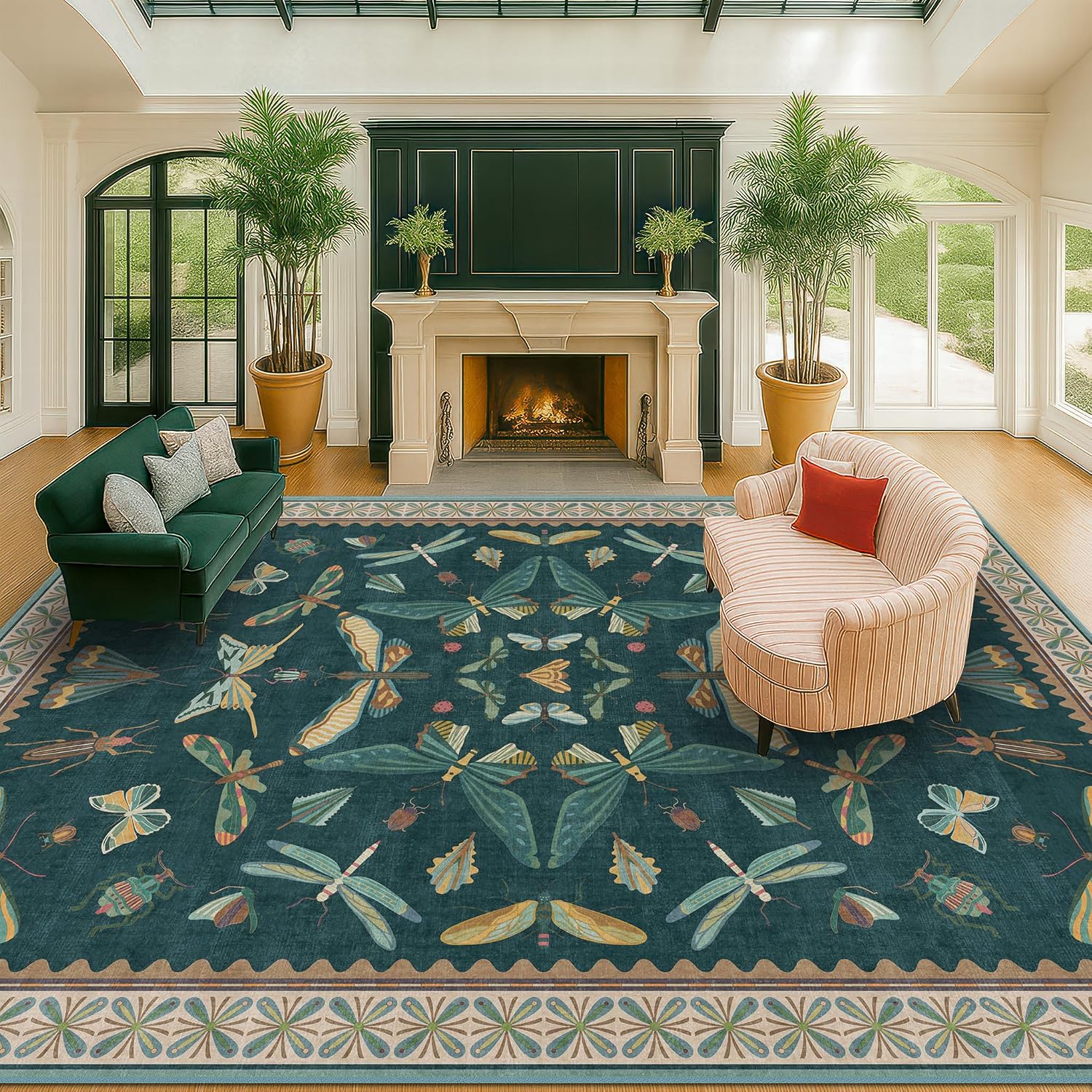Detalle de Hazo Haus 9x12 Large Living Room Rug (Dark Teal Multi) — Lightweight Non Slip Low Pile