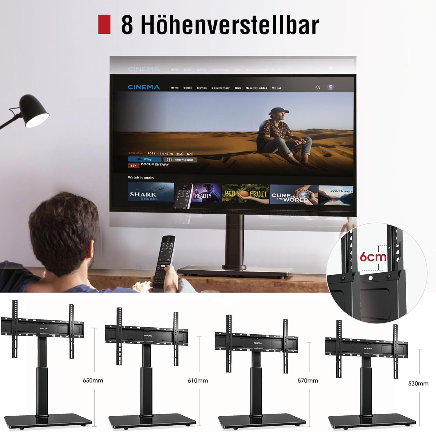 Detalle de AOKCOS TV Standfuss: Höheneinstellung 900 mm, neigbar & schwenkbar für 32–75 Zoll Fernseher