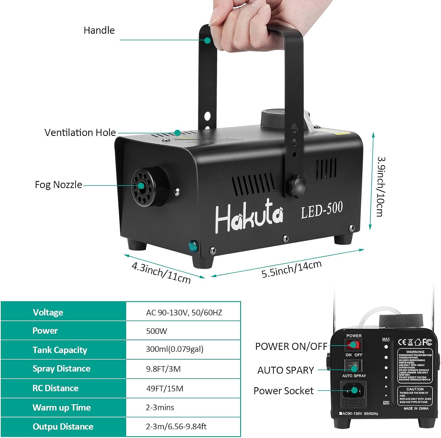 Detalle de HAKUTA Nebelmaschine mit drahtloser Fernbedienung – 300 ml Tank, 2–3 m Reichweite