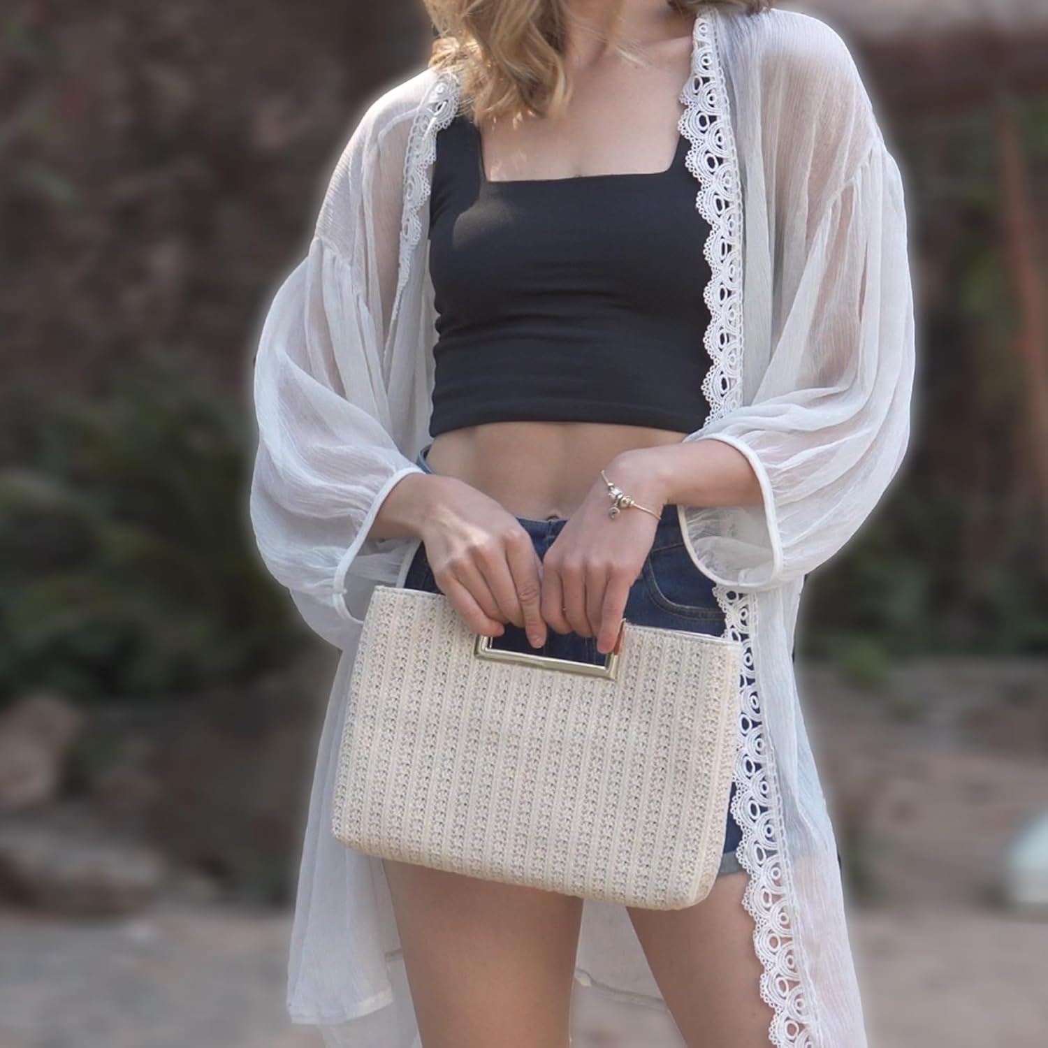 Thumbnail 2 de Milisente women’s leather clutch bag with metallic handle (raffia straw) for weddings and evening events