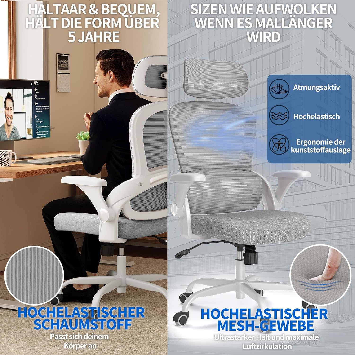 Thumbnail 6 de TRALT Ergonomischer Bürostuhl – verstellbare Kopfstütze, 150 kg Tragkraft und atmungsaktives Netzdesign
