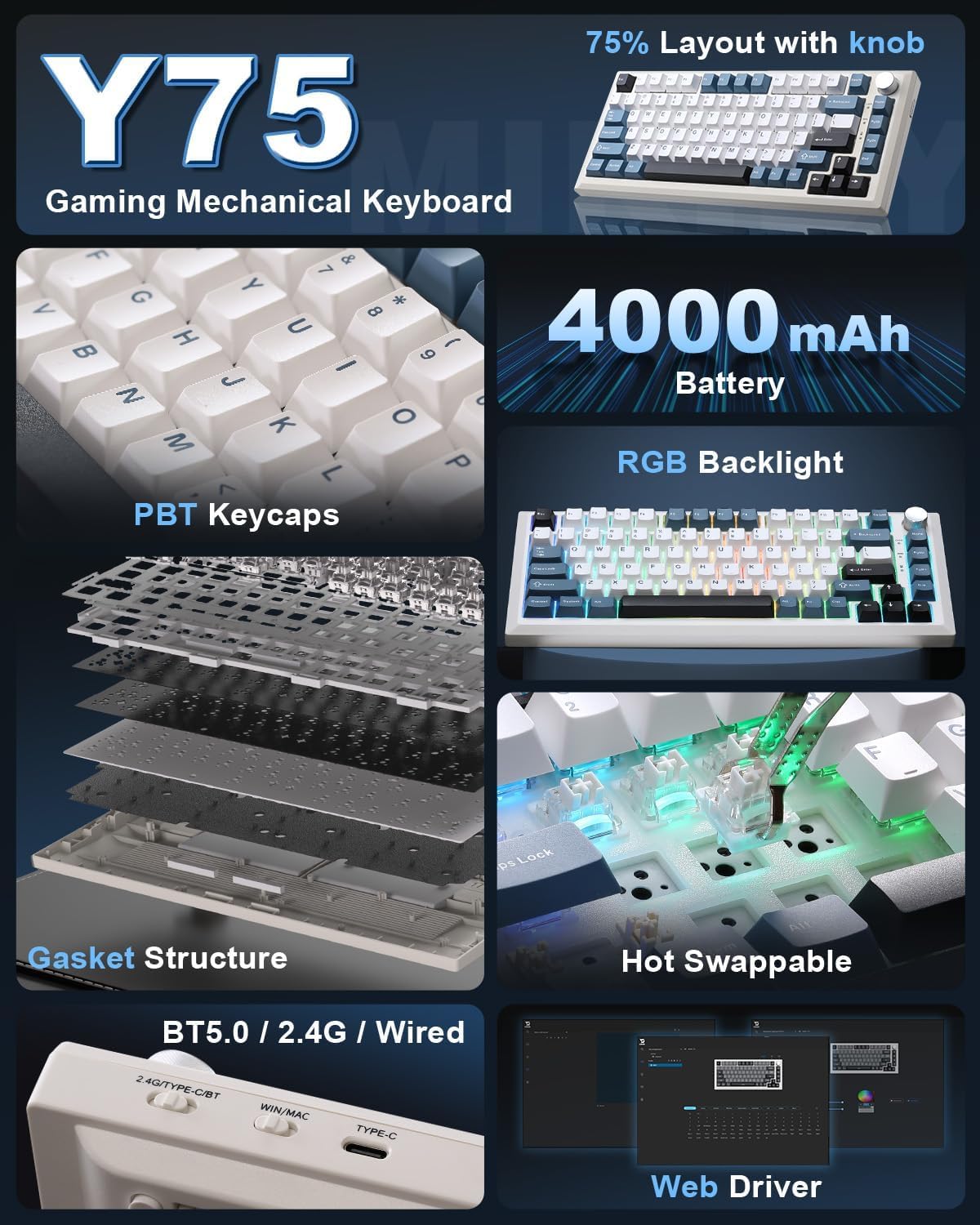 Detalle 2 de MIKIBY Y75 75% Gasket Wireless Mechanical Keyboard ⌨