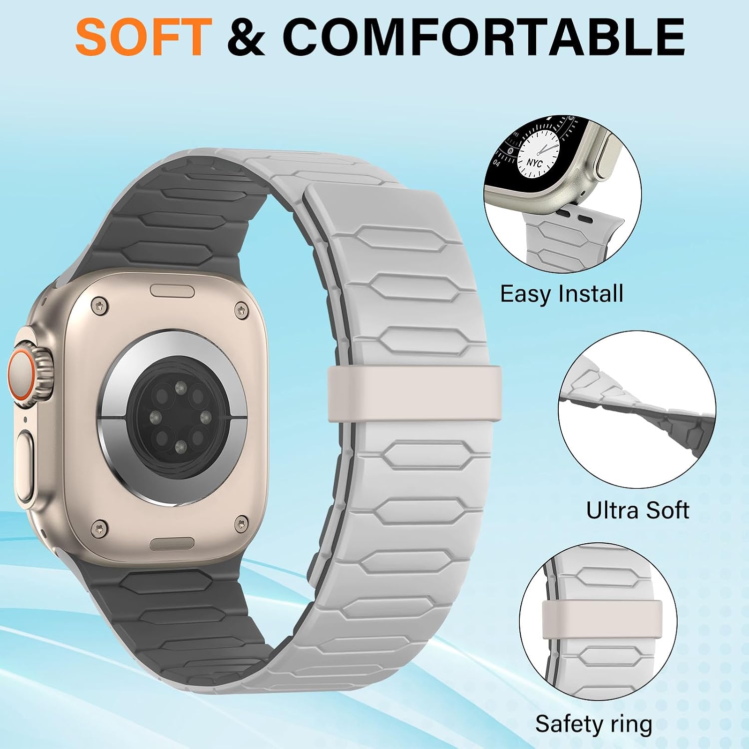Detalle de Sixmoat Magnetic Band for Apple Watch - Beige-Gray Silicone Sport Strap (42–49mm) with Strong Magnetic Loop