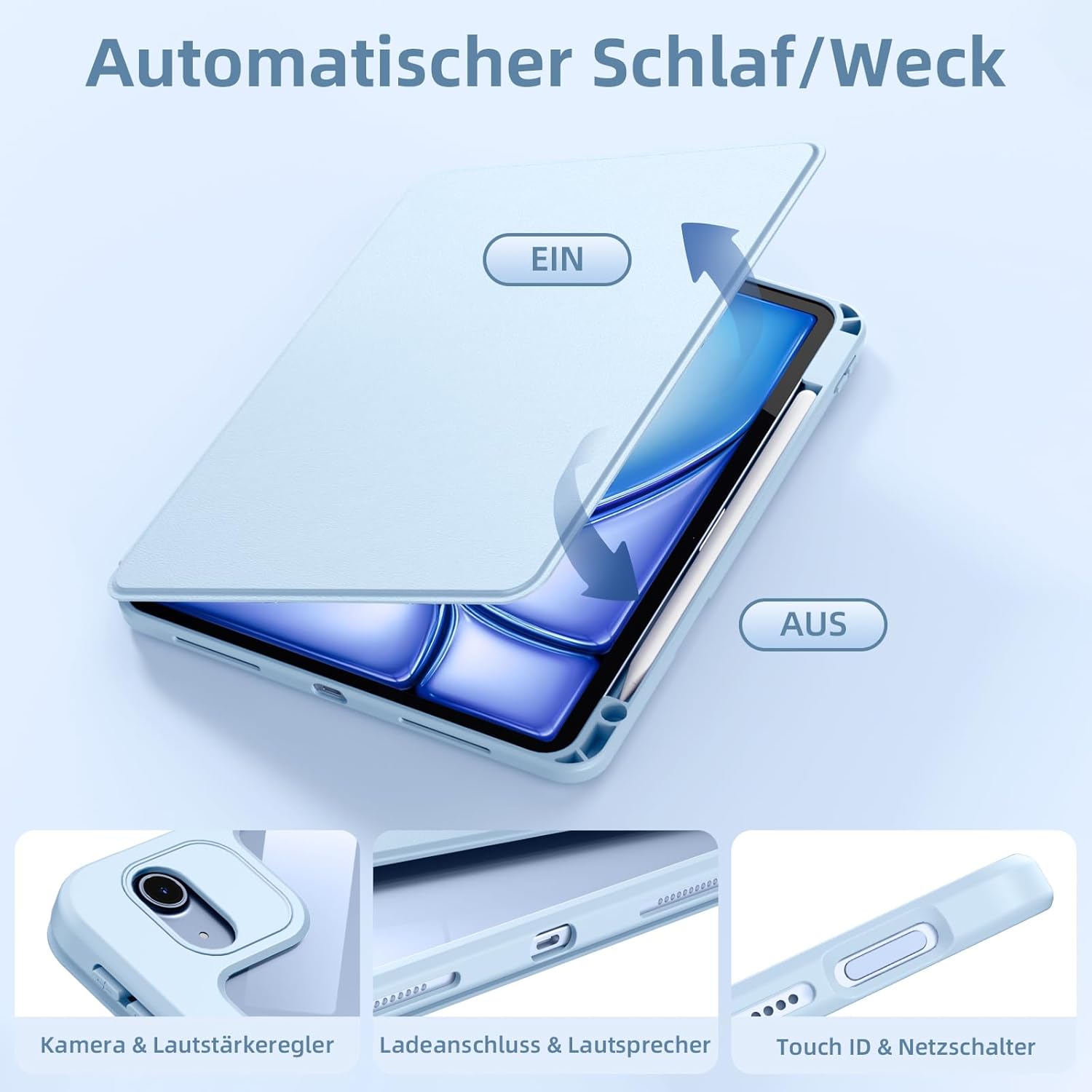 Thumbnail 6 de DriveGo 360° drehbare Hülle für iPad Air 11 Zoll und iPad Pro 11 Zoll – Transparent-Rückseite, Stifthalter, Hell Blau